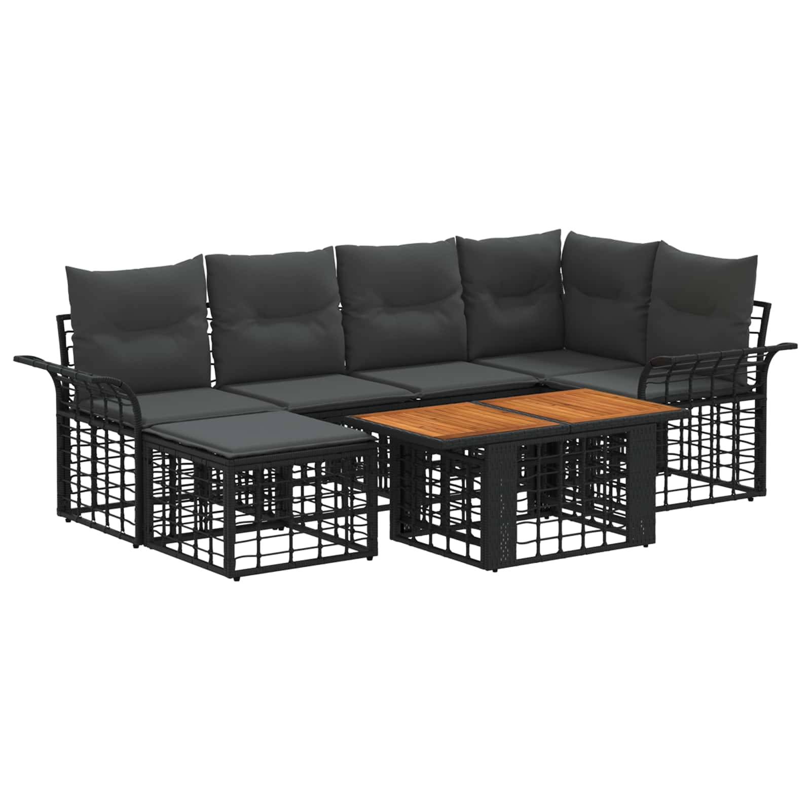 Outdoor-Loungeset mit schwarzen Metallrahmen, dunklen Polstern und einem Couchtisch mit Holzlatten-Oberseite auf weißem Hintergrund.