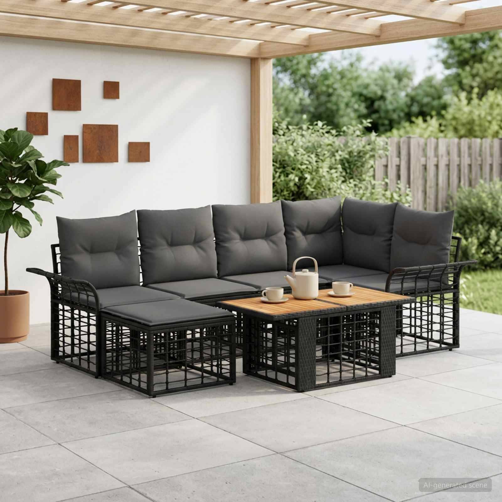 Outdoor-Terrassenmöbel-Set mit grauem Modulsofa und Couchtisch unter einer Pergola, dargestellt mit Teeservice auf einer gefliesten Terrasse.