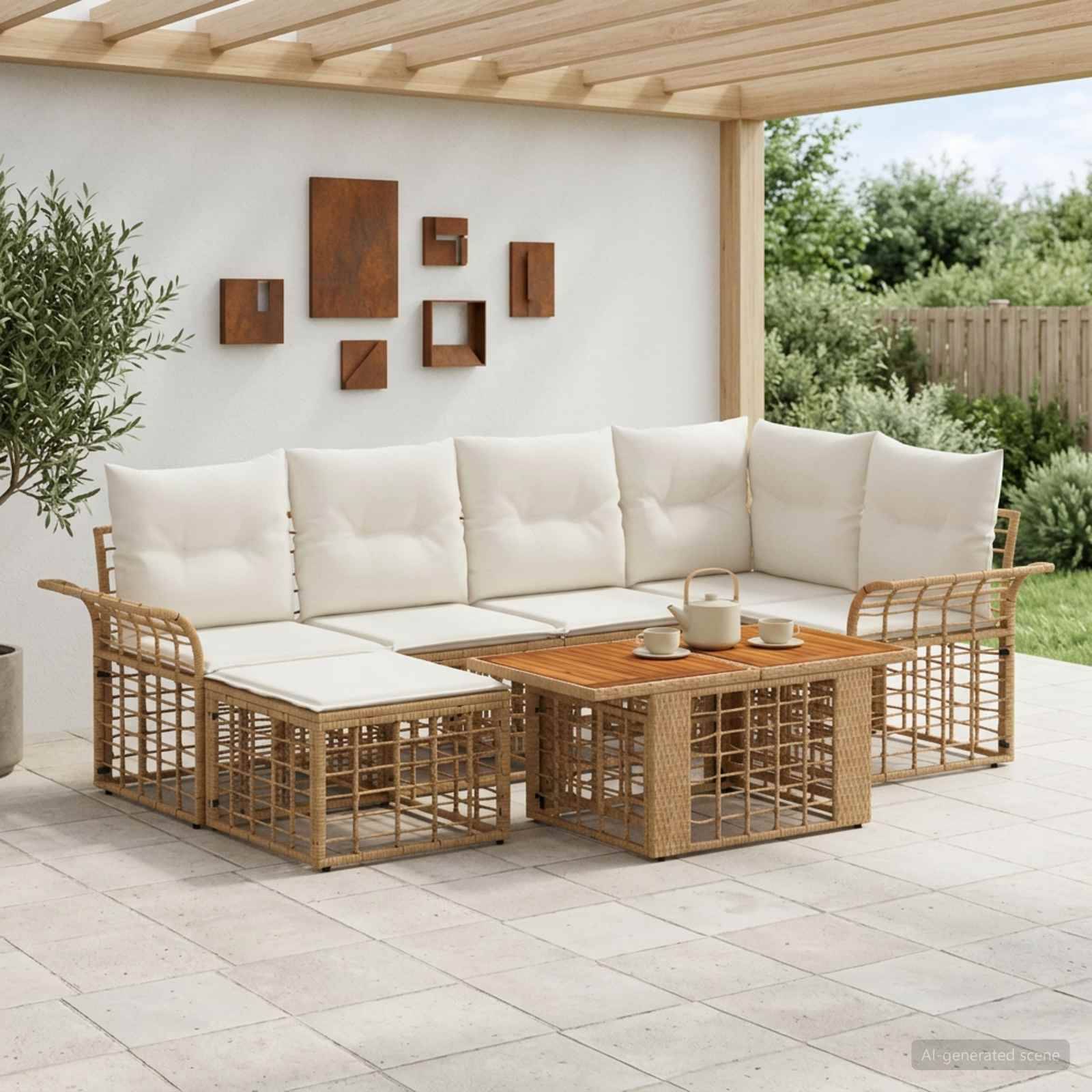 Outdoor-Sitzgarnitur für die Terrasse mit Rattan-Ecksofa, passendem Hocker und Couchtisch, cremefarbenen Polstern, unter einer Pergola