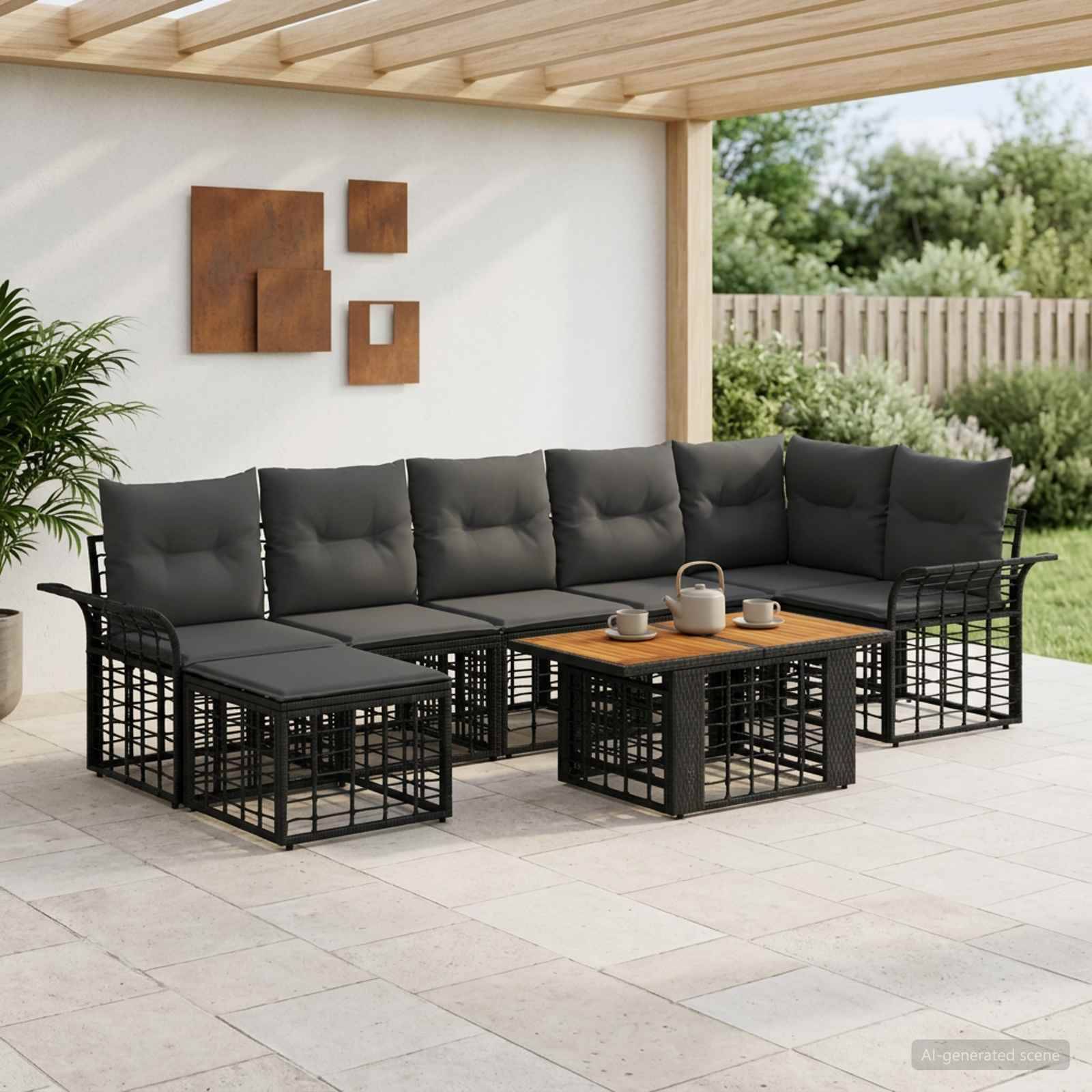 Outdoor-Terrassensofagarnitur mit schwarzen Metallrahmen, dunklen Polstern und einem Holz-Couchtisch unter einer überdachten Veranda.