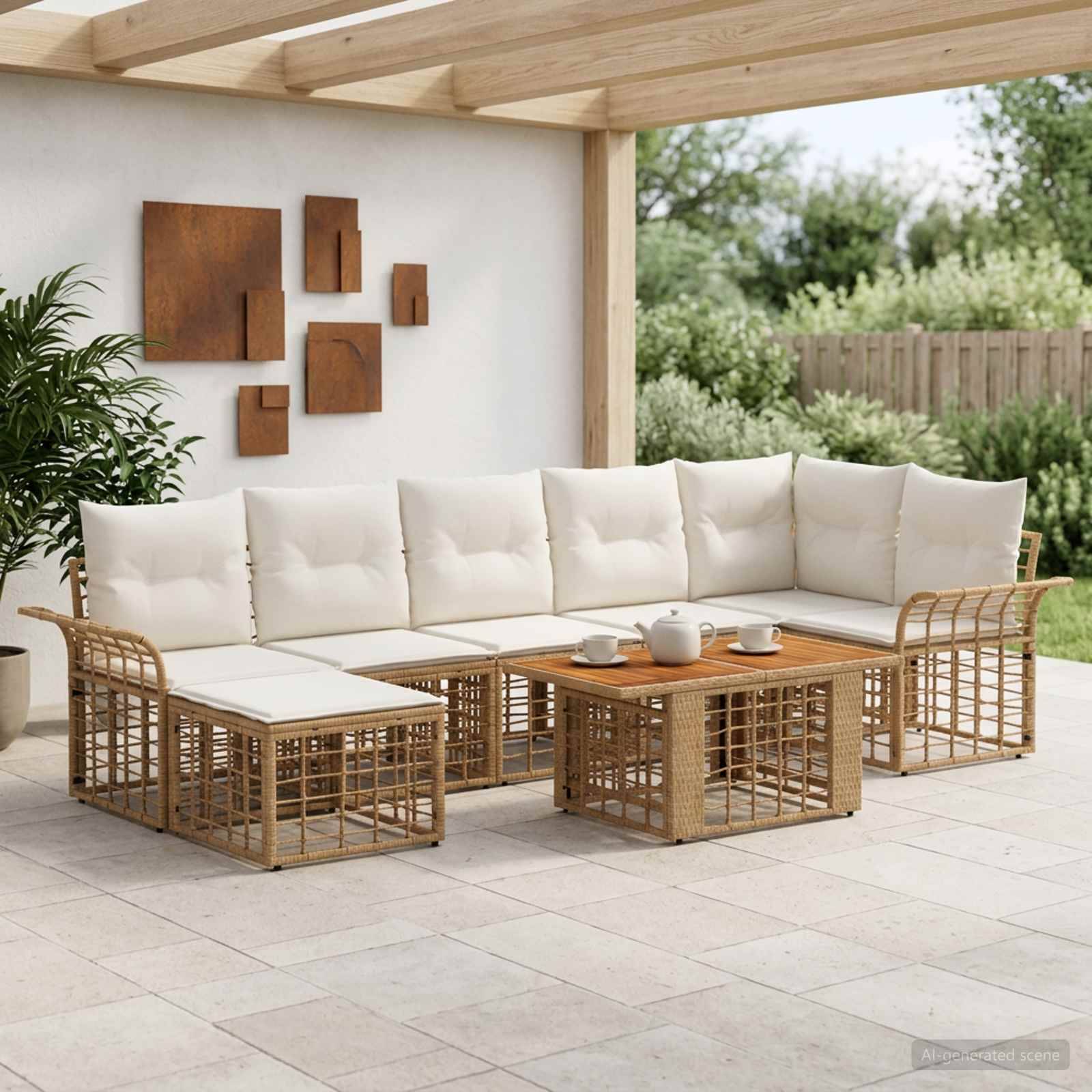 Outdoor-Sitzbereich auf der Terrasse mit einem beigen gepolsterten Rattan-Ecksofa, passenden Tischen und einer Holzpergola mit Blick auf einen Garten.