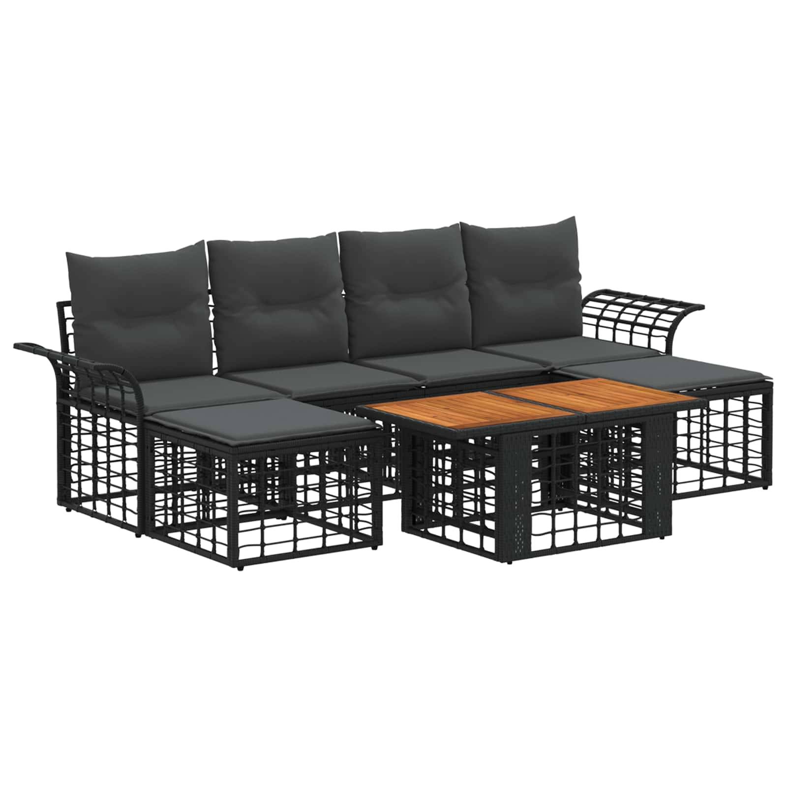Schwarze Metall-Gartensitzgruppe mit grauen Polstern und zwei Couchtischen mit Holzlatten-Oberseite.