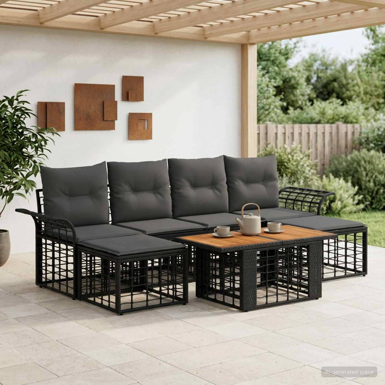 Modernes Außen-Polstersofa mit grauen Kissen, schwarzem Metallrahmen und hölzernem Couchtisch unter einer überdachten Pergola.
