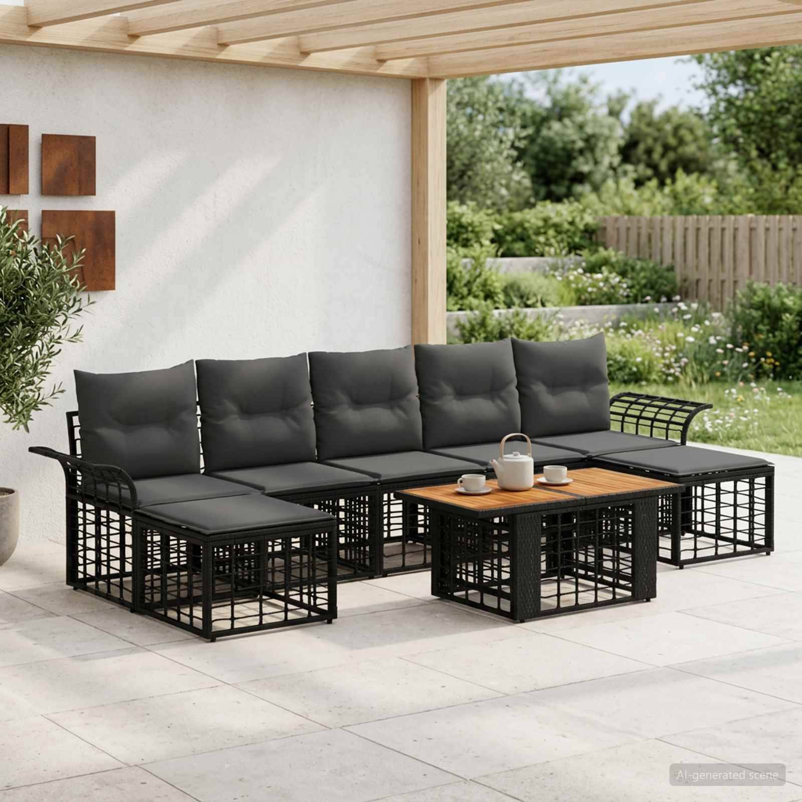 Außenbereich-Sitzgarnitur mit schwarzem Ecksofa, gepolsterten Stühlen und Couchtisch unter einer überdachten Pergola mit Blick auf einen Garten.