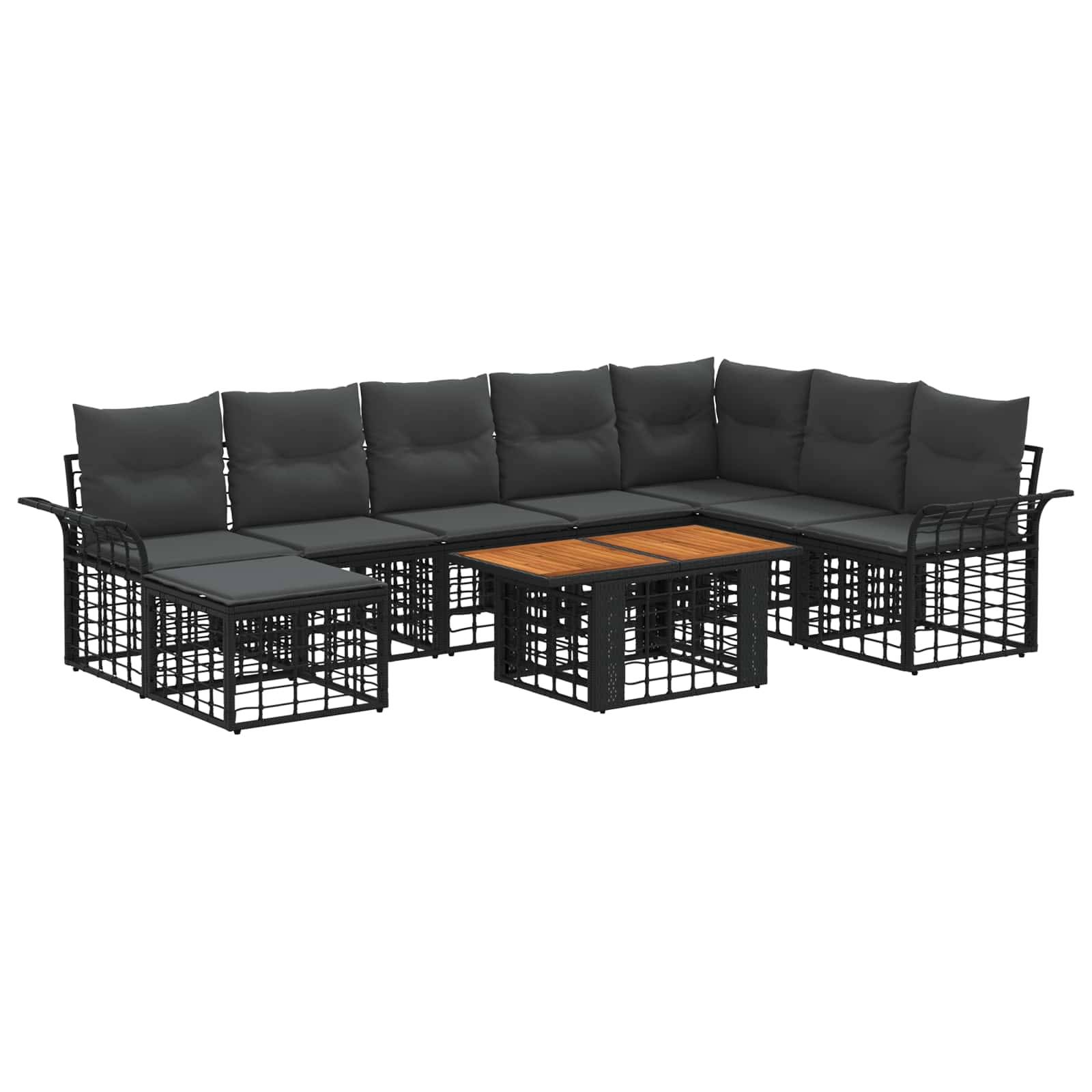 Schwarzes modulares Outdoor-Ecksofa mit grauen Kissen und einem kleinen hölzernen Couchtisch, gezeigt auf weißem Hintergrund.