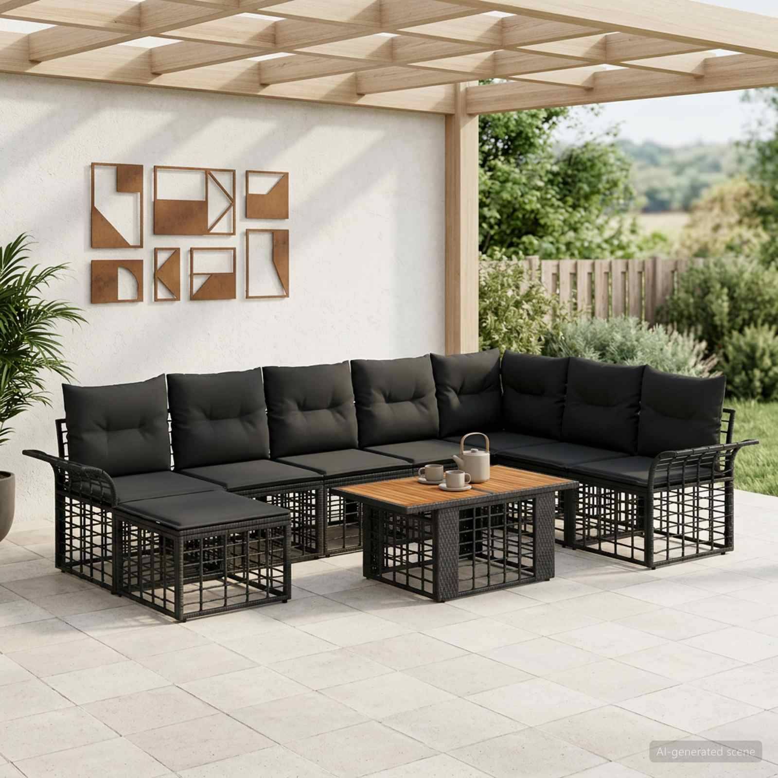 Outdoor-Terrassenelement-Loungesofa mit schwarzen Kissen, passendem Couchtisch und Holzdekor unter einer Pergola im Hinterhof.
