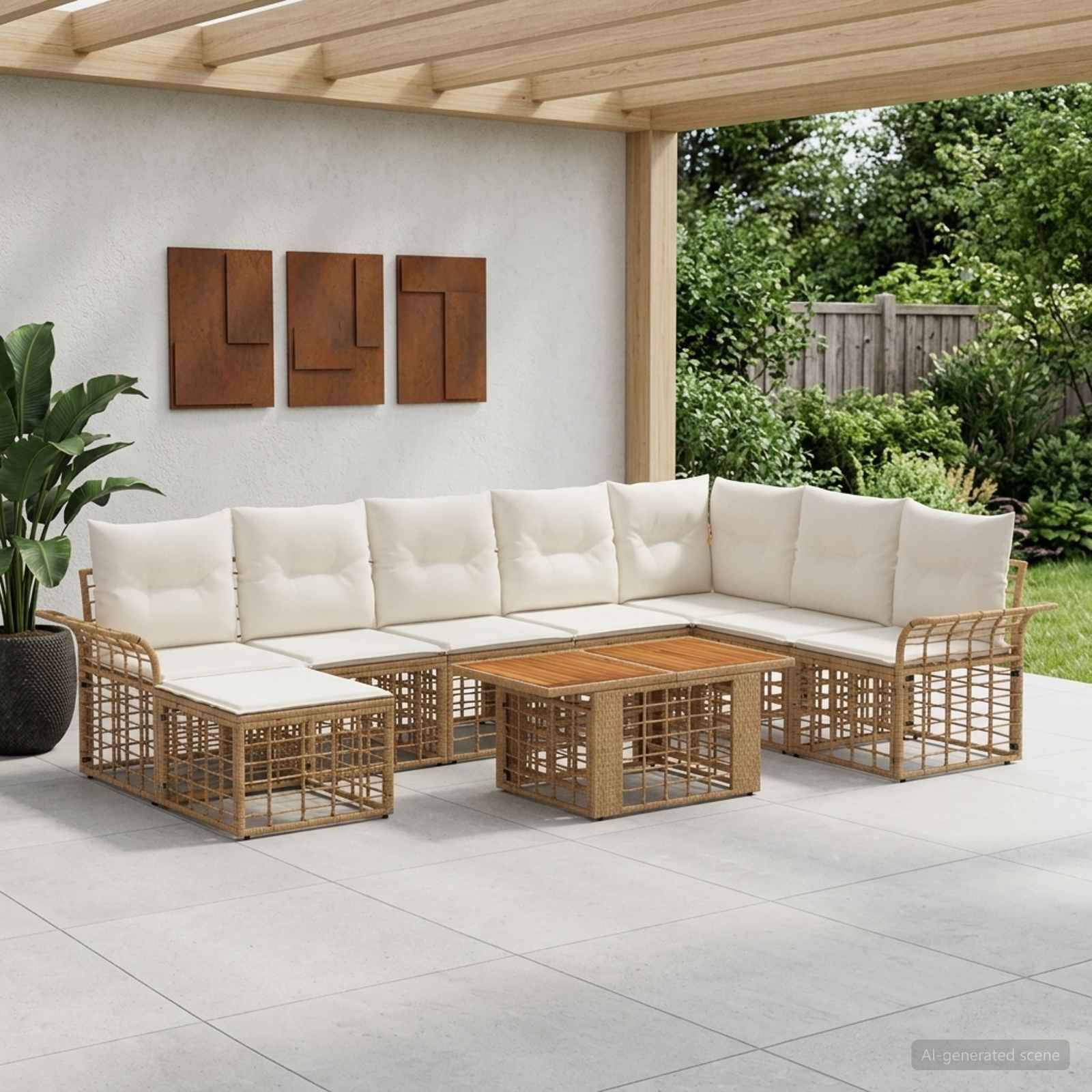 Outdoor-Sitzmöbel-Set für die Terrasse mit cremefarbenen Kissen und Rattan-Rahmen, angeordnet um einen quadratischen Couchtisch mit Holzplatte unter einer überdachten Pergola.