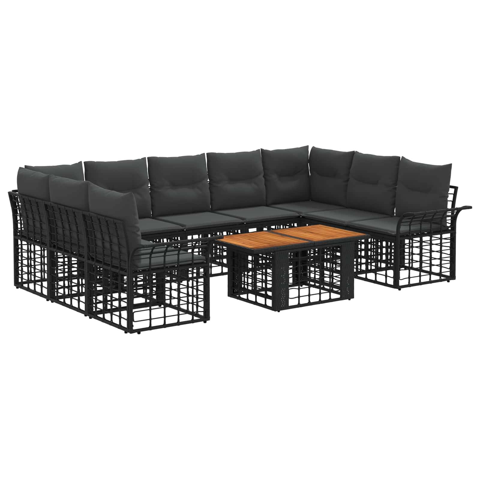 Schwarze Metall-Gartensektionalcouch mit dunklen Kissen und einem kleinen Couchtisch mit Holzplatte auf weißem Hintergrund.