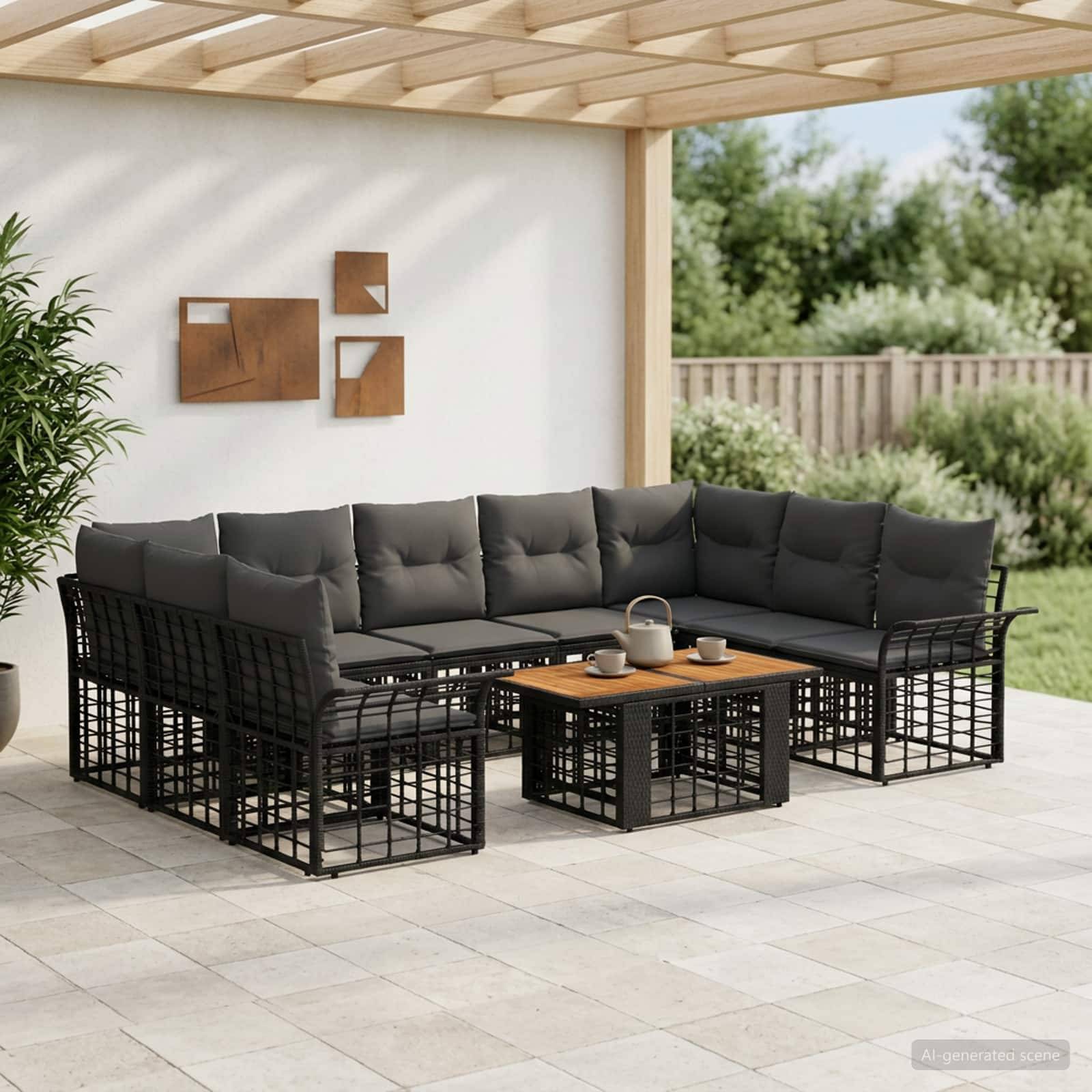 Außenbereich mit Sitzmöbeln auf der Terrasse, schwarzem L-förmigen Ecksofa, Couchtisch und pergolabedachter Terrasse in einem Garten.
