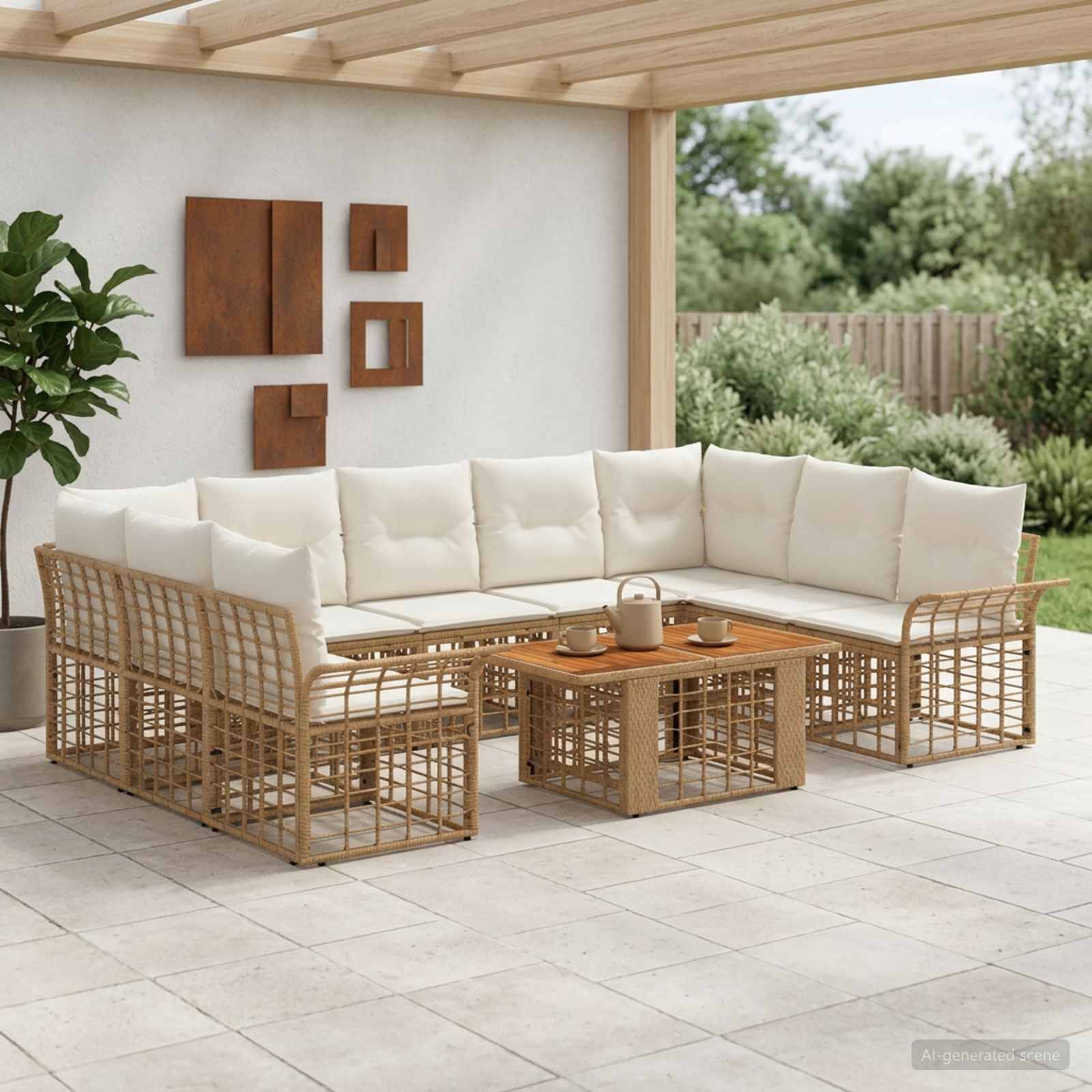 Überdachte Terrasse mit Rattansektionalsofa und Holzkaffeetisch unter einer überdachten Pergola, mit Kissen und Gartenhintergrund.