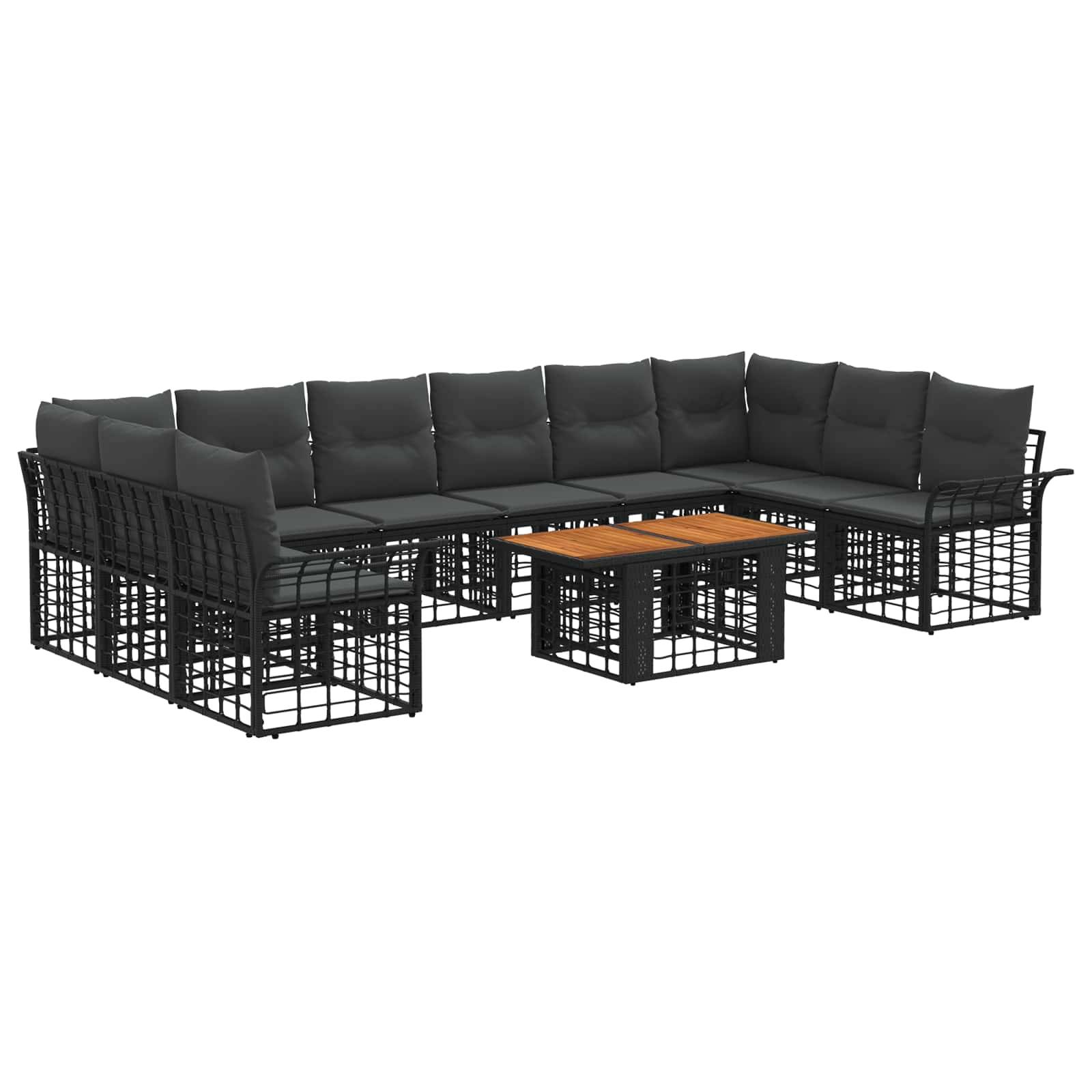 Schwarzes modulares Außensofa mit grauen Kissen und kleinem Couchtisch mit Holzplatte auf weißem Hintergrund.