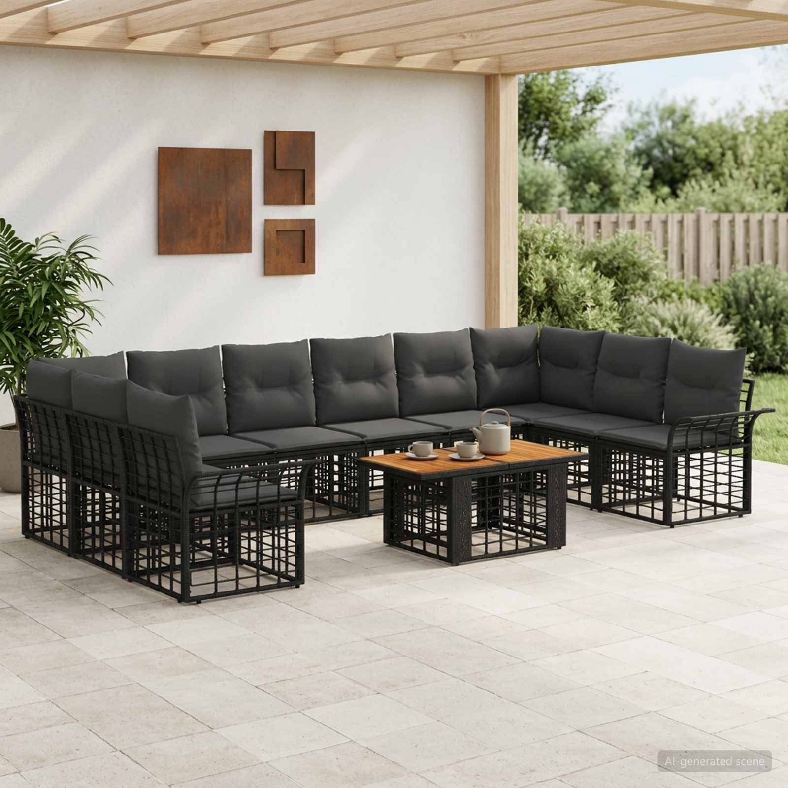 Terrassenbereich mit schwarzem Sitzelement, grauen Kissen und passendem Couchtisch unter einer Holzpergola.