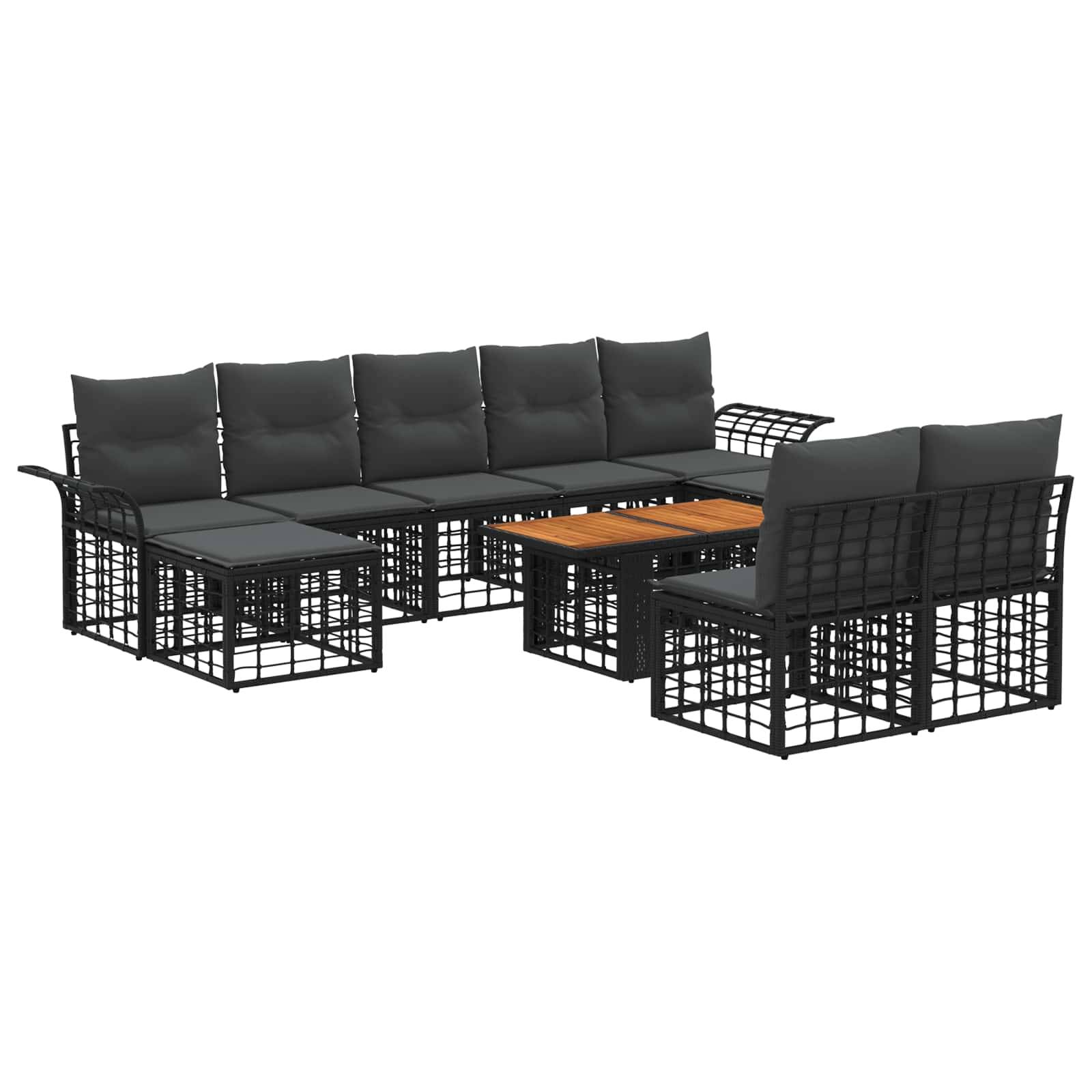 Schwarze Außenbereichs-Polstergarnitur mit gepolsterten Sitzmöbeln, Hocker und Couchtisch mit Holzplatte auf weißem Hintergrund.