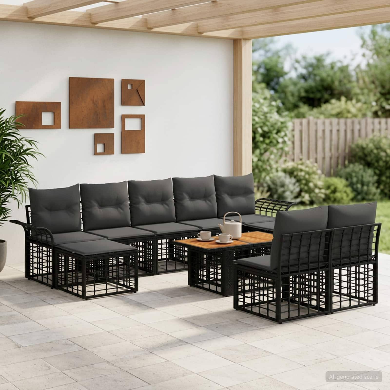 Sitzmöbel-Set für die Terrasse im Freien mit schwarzem Metallgestell, dunklen Kissen, Couchtisch und passenden Stühlen unter einer Pergola neben einer Gartenmauer.