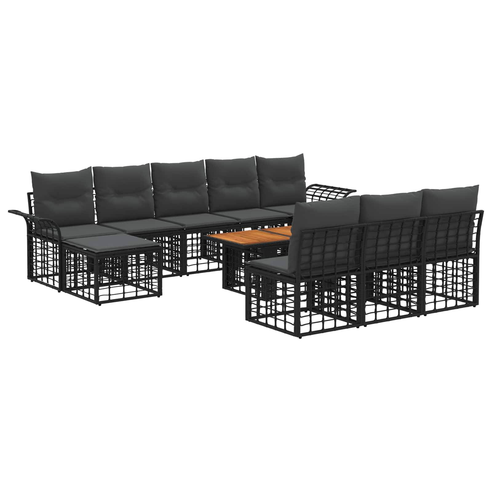 Schwarze modulare Außen-Ecksofa-Set mit Kissen, Eckplatz, Ottomane und kleinem Couchtisch mit Holzakzent auf weißem Hintergrund