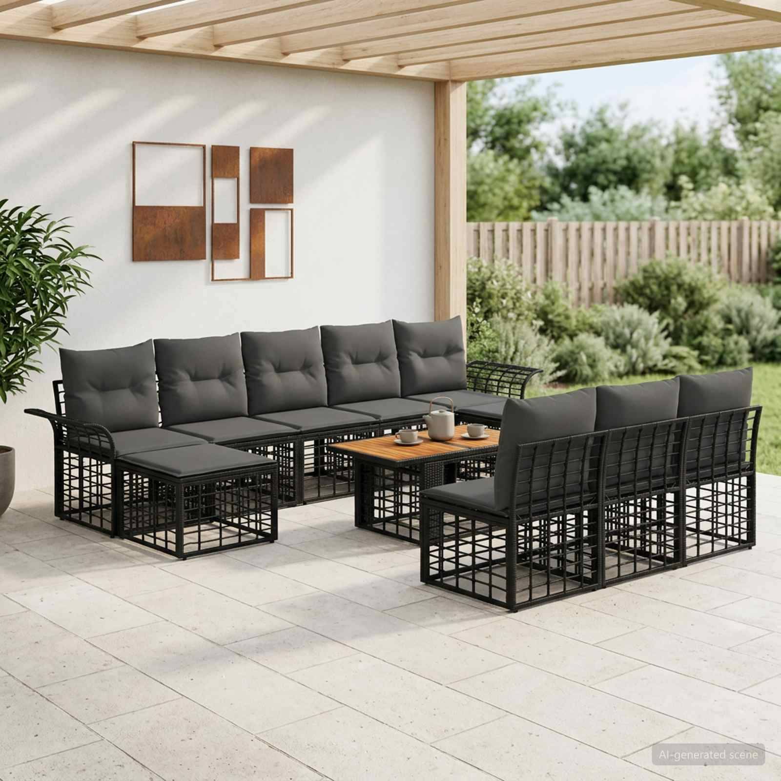Terrassensitzbereich mit schwarzem Metall-Ecksofa, Stühlen und Couchtisch unter einer Pergola, vor einer weißen Wand und einem Garten.