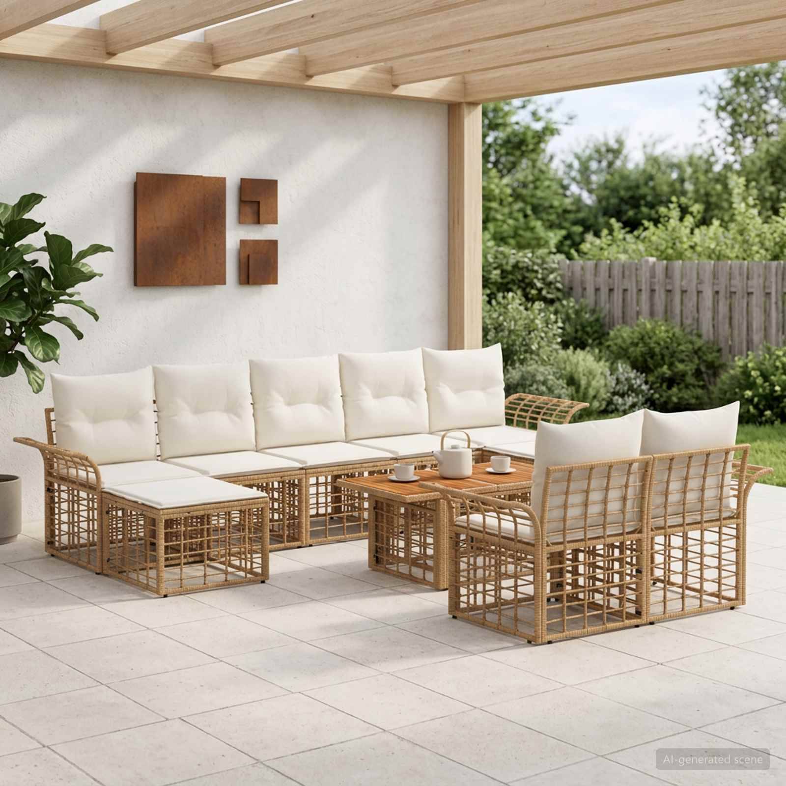 Außenbereich für die Terrasse mit Rattanecksofa, Sesseln und Couchtisch unter einer Holzpergola.