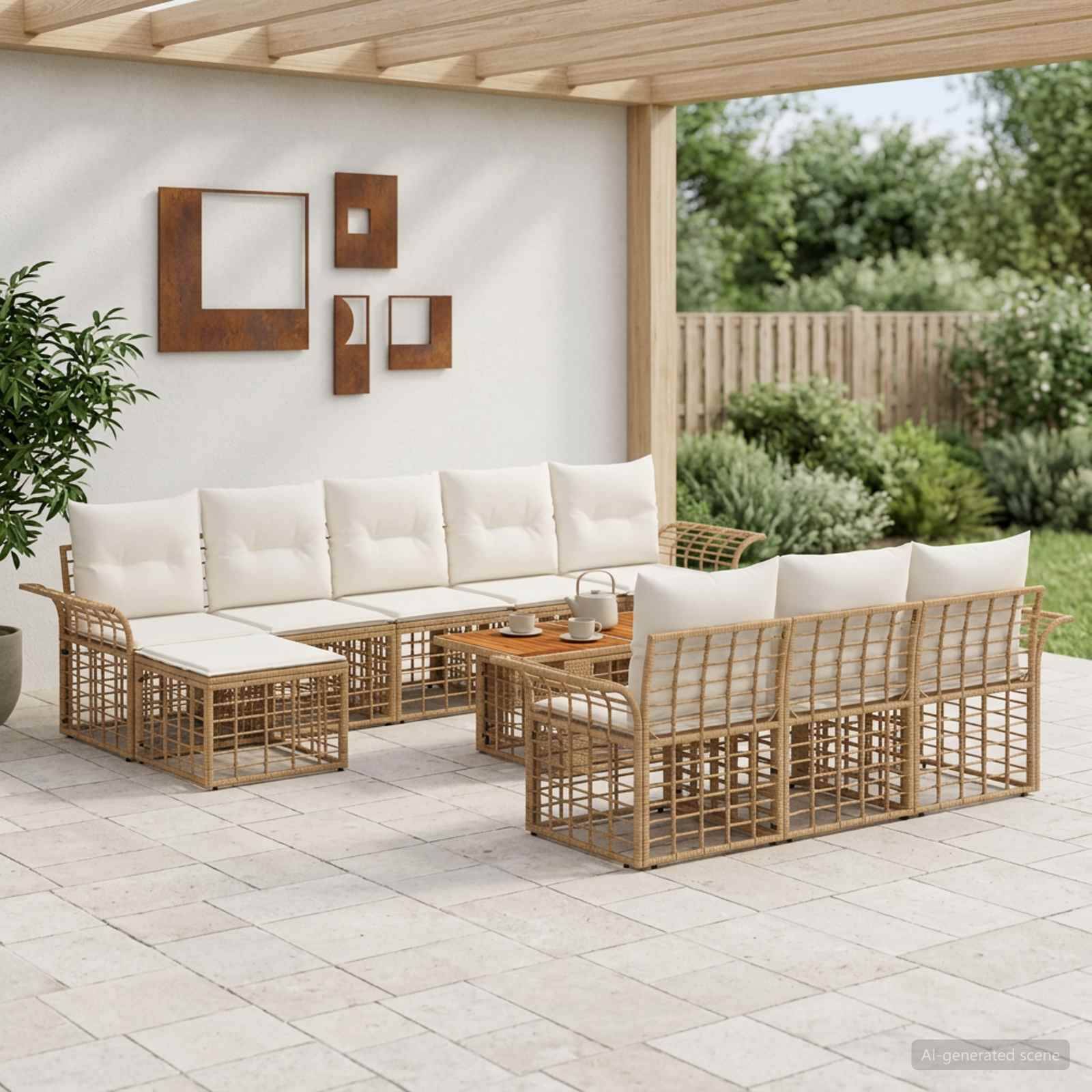Sitzbereich auf der Außenterrasse mit Korbsofas, Couchtisch und weißen Kissen unter einer Pergola im gestalteten Hinterhof.