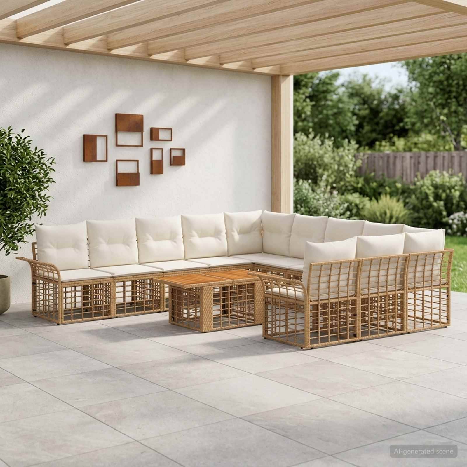 Außenterrasse mit L-förmigem Korbsektional, cremefarbenen Kissen und passendem Couchtisch unter einer Holzpergola