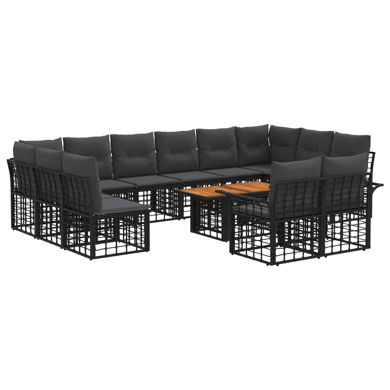 Schwarzes Outdoor-Sitzsofaset mit gepolsterter Eckbank und armlosen Sesseln um einen kleinen hölzernen Couchtisch auf weißem Hintergrund