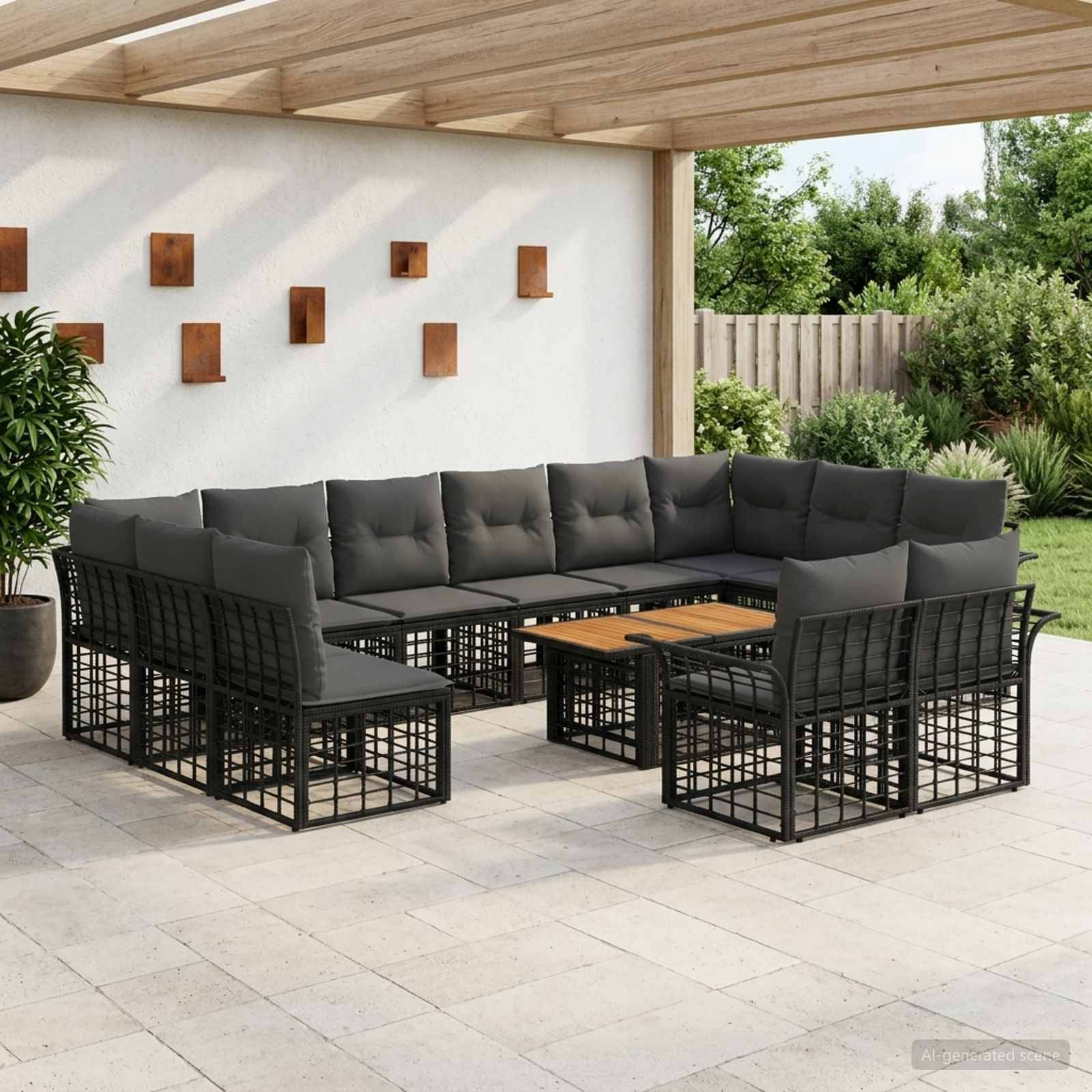 Outdoor-Terrassensitzgarnitur mit schwarzem Metall-Ecksofa und Stühlen, grauen Kissen und passendem Couchtisch unter einer Pergola.
