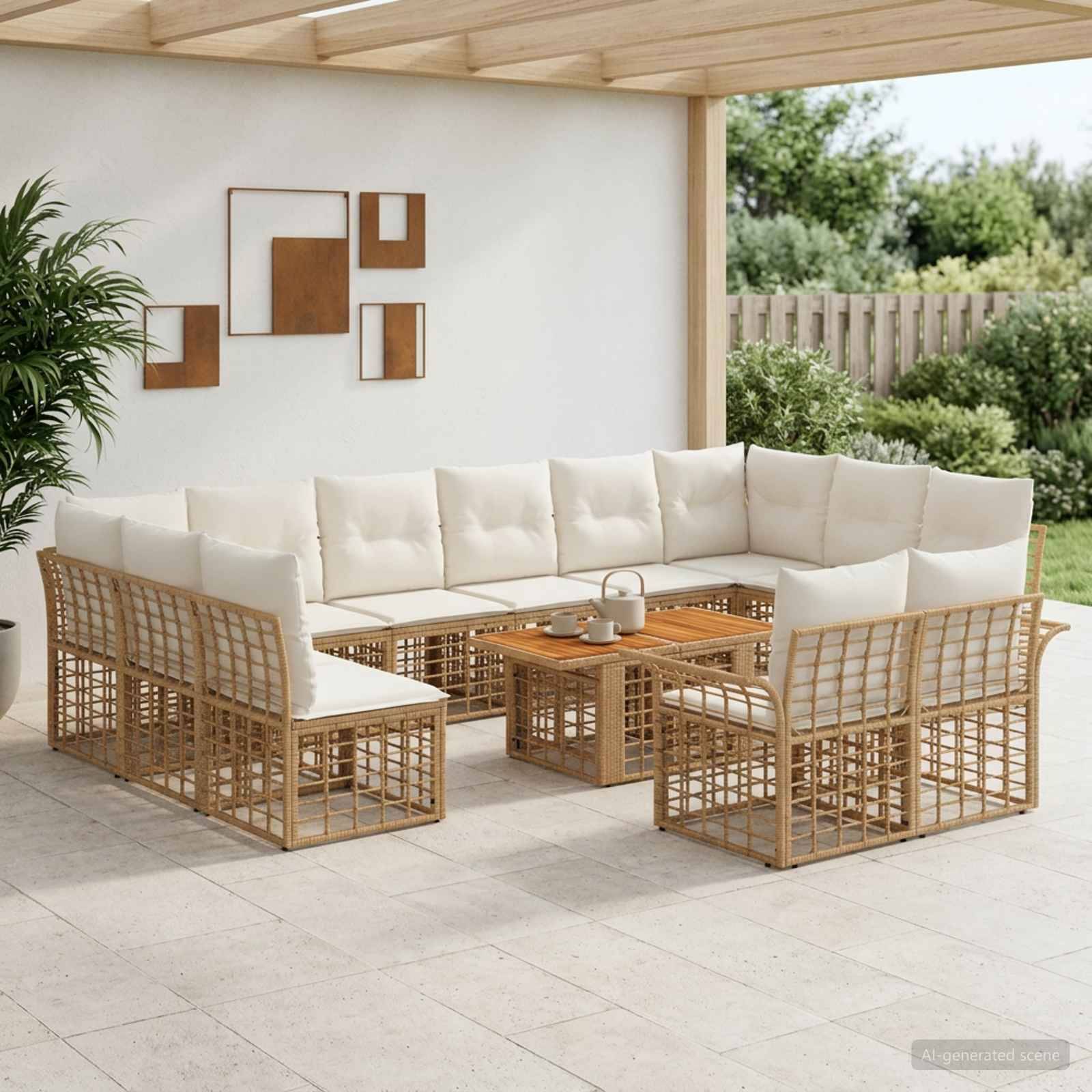 Außenbereich mit Sitzkissen aus cremefarbener Stoff-Eckgarnitur und passenden Sesseln um einen Holzcouchtisch unter einer überdachten Terrasse.