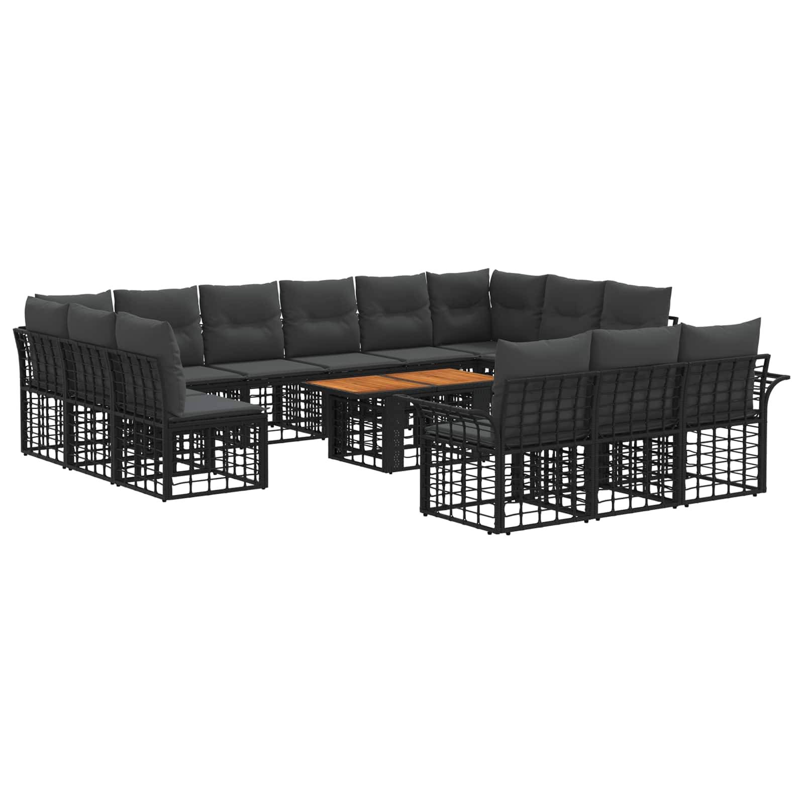 Modulares Außensofa mit schwarzem Flechtrahmen, dunklen Polstern und einem Couchtisch mit Holzplatte auf weißem Hintergrund.