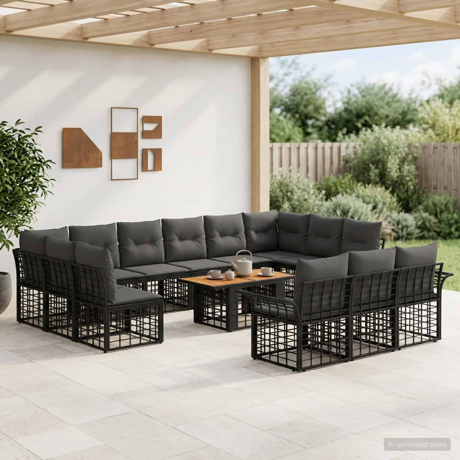 Sitzmöbel für die Außenterrasse mit schwarzem Metall-Ecksofa, Kissen, Sesseln und Couchtisch unter einer Pergola neben einem Gartenzaun.