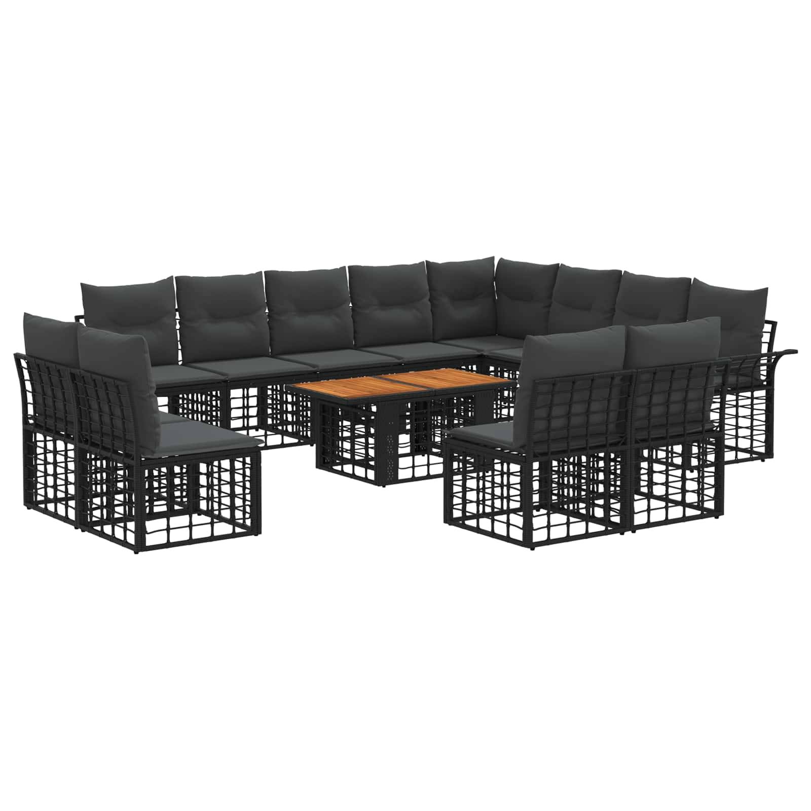 Outdoor-Loungegarnitur mit schwarzen Metallgitterrahmen, grauen Kissen und Couchtisch mit Holzplatte