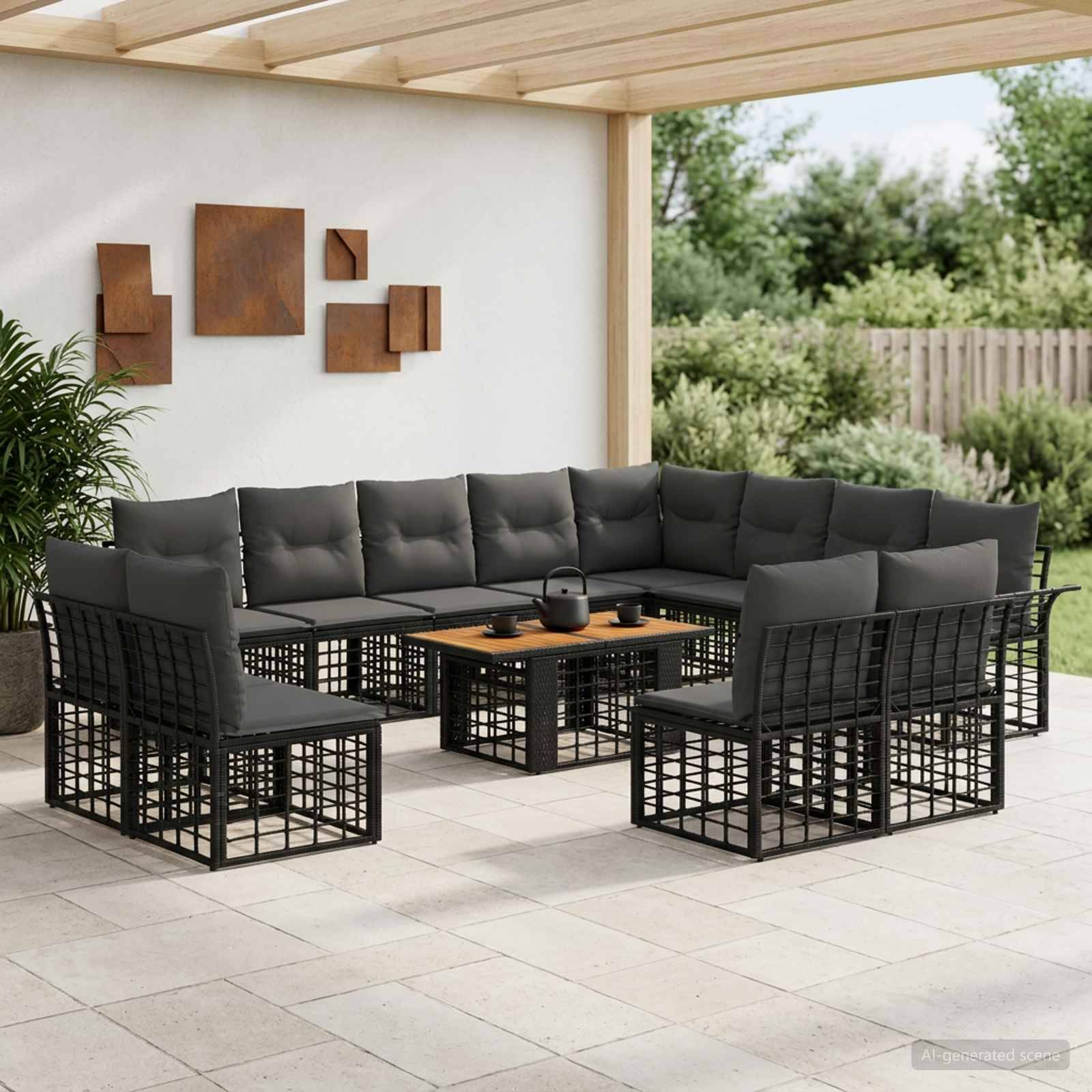 Outdoor-Terrassensitzgruppe mit schwarzem Metallsofa-Eckgarnitur, passenden Stühlen und Couchtisch unter einer überdachten Terrasse.