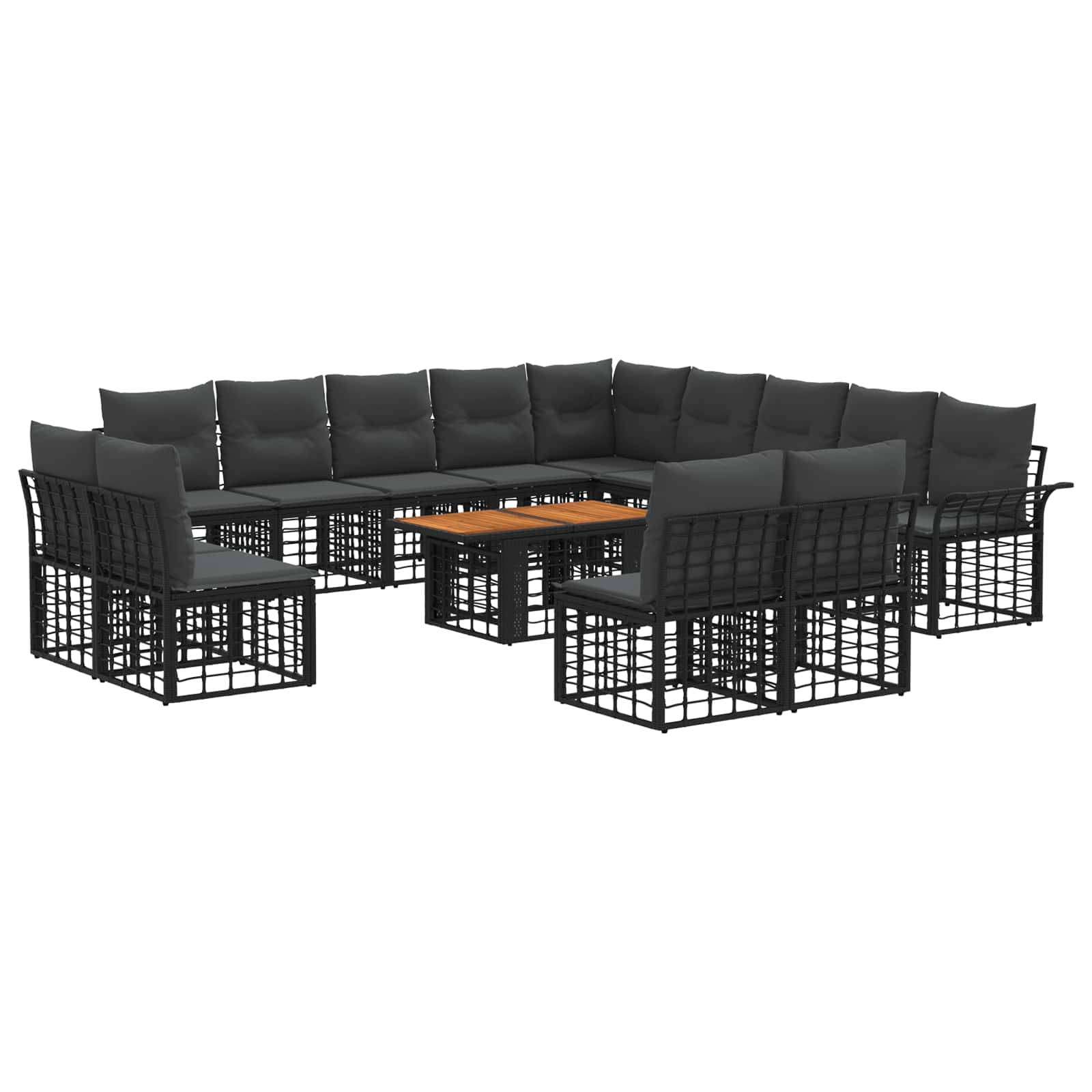 Modernes schwarzes modulares Outdoor-Lounge-Sofa mit gepolsterten Sitzflächen, passenden Sesseln und einem kleinen Holz-Couchtisch auf weißem Hintergrund.