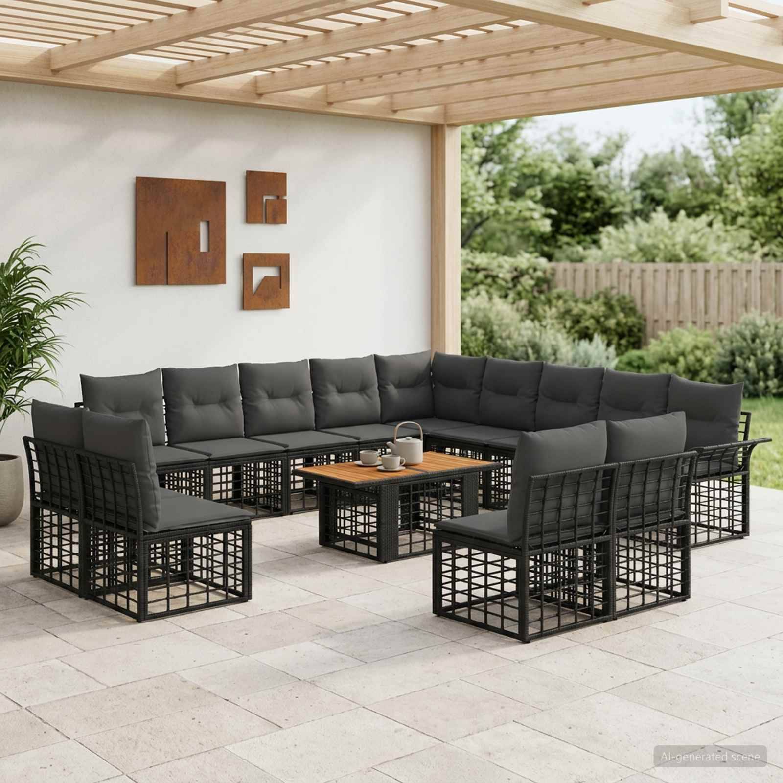 Outdoor-Loungeset mit dunkelgrauen Kissen, schwarzen Metallrahmen und einem kleinen Holz-Couchtisch unter einer überdachten Pergola.