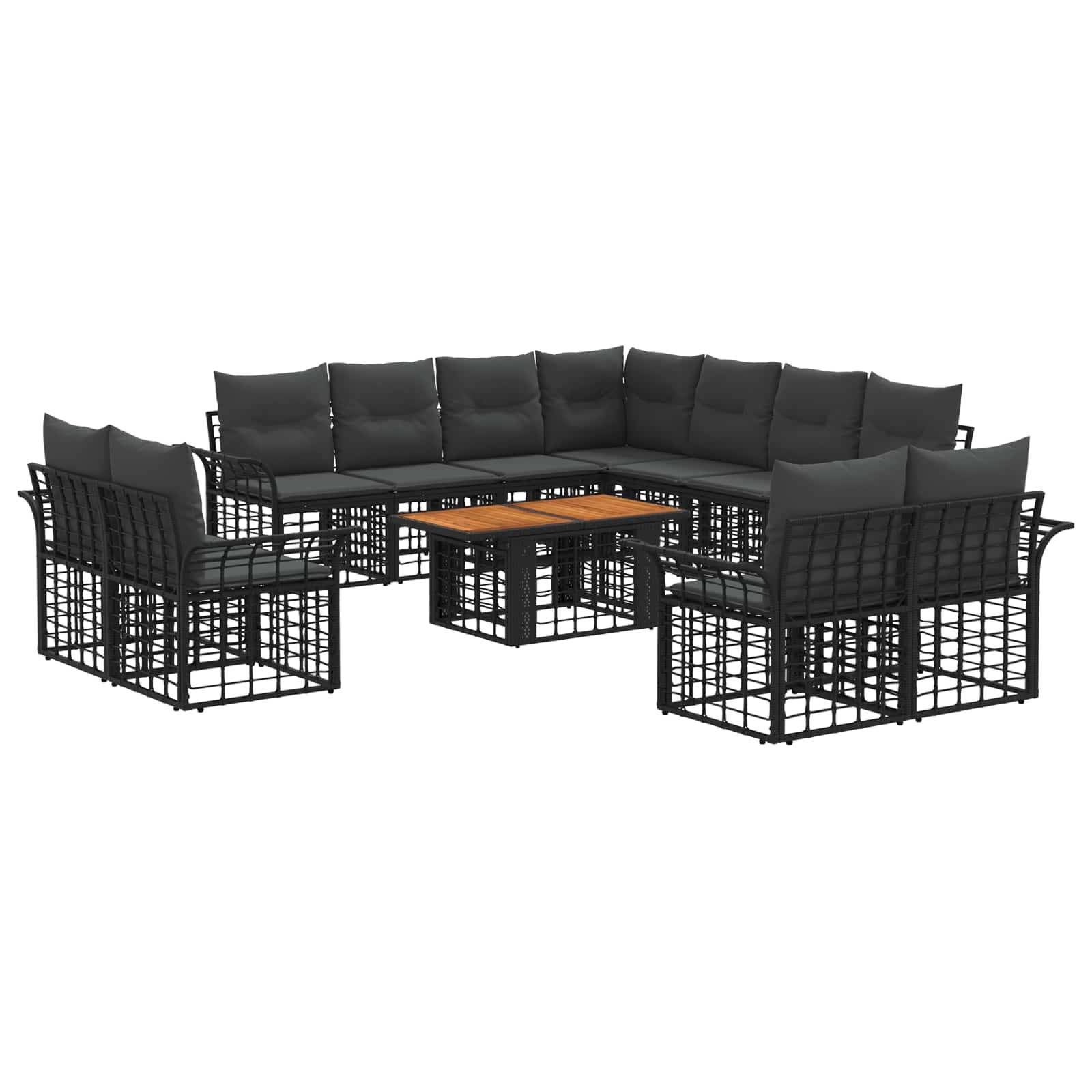 Schwarzes Metall-Außen-Ecksofa-Set mit grauen Kissen und einem kleinen Couchtisch mit Holzplatte.
