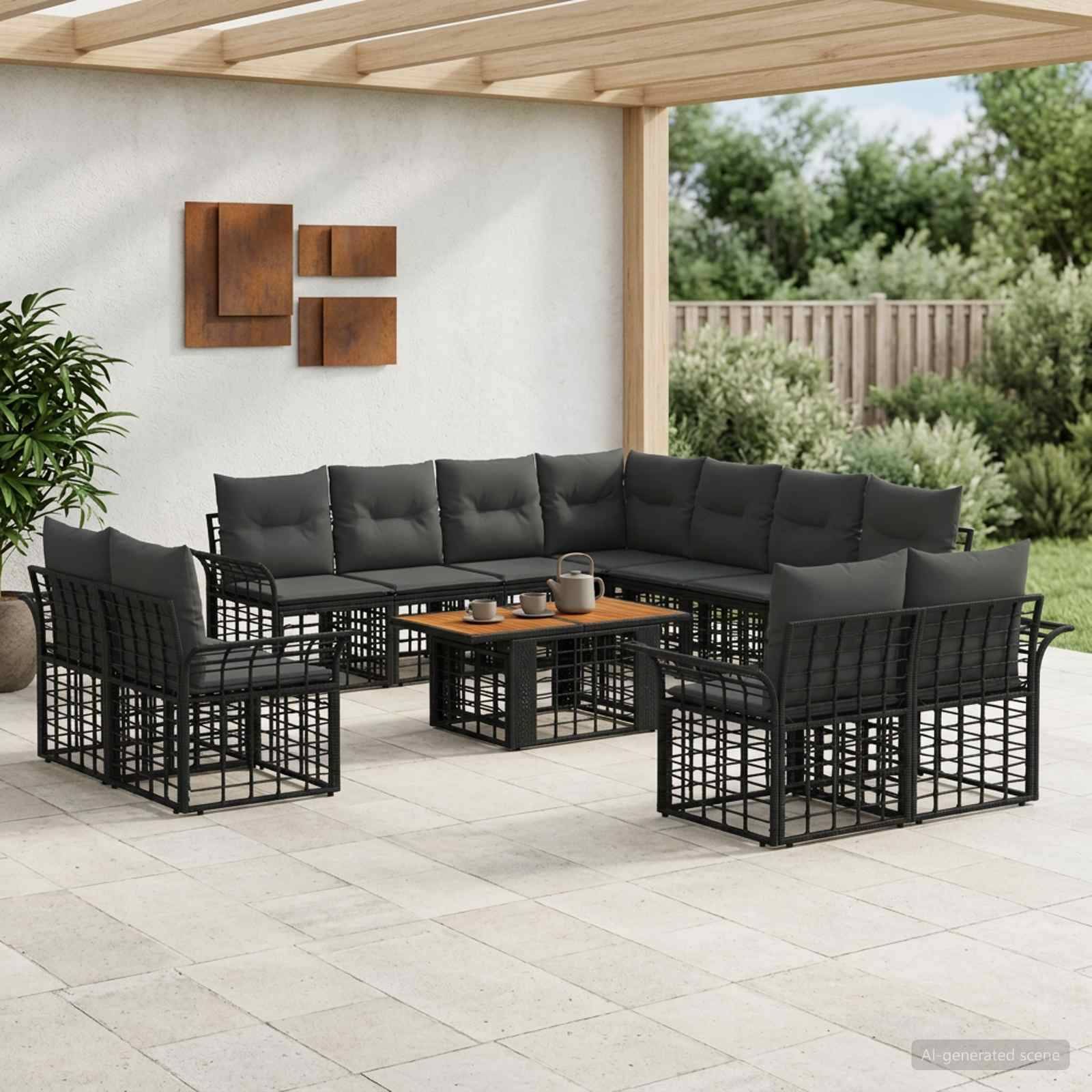Outdoor-Loungeset für die Terrasse mit schwarzen Metallrahmen, dunklen Polstern und passendem Couchtisch unter einer überdachten Pergola.