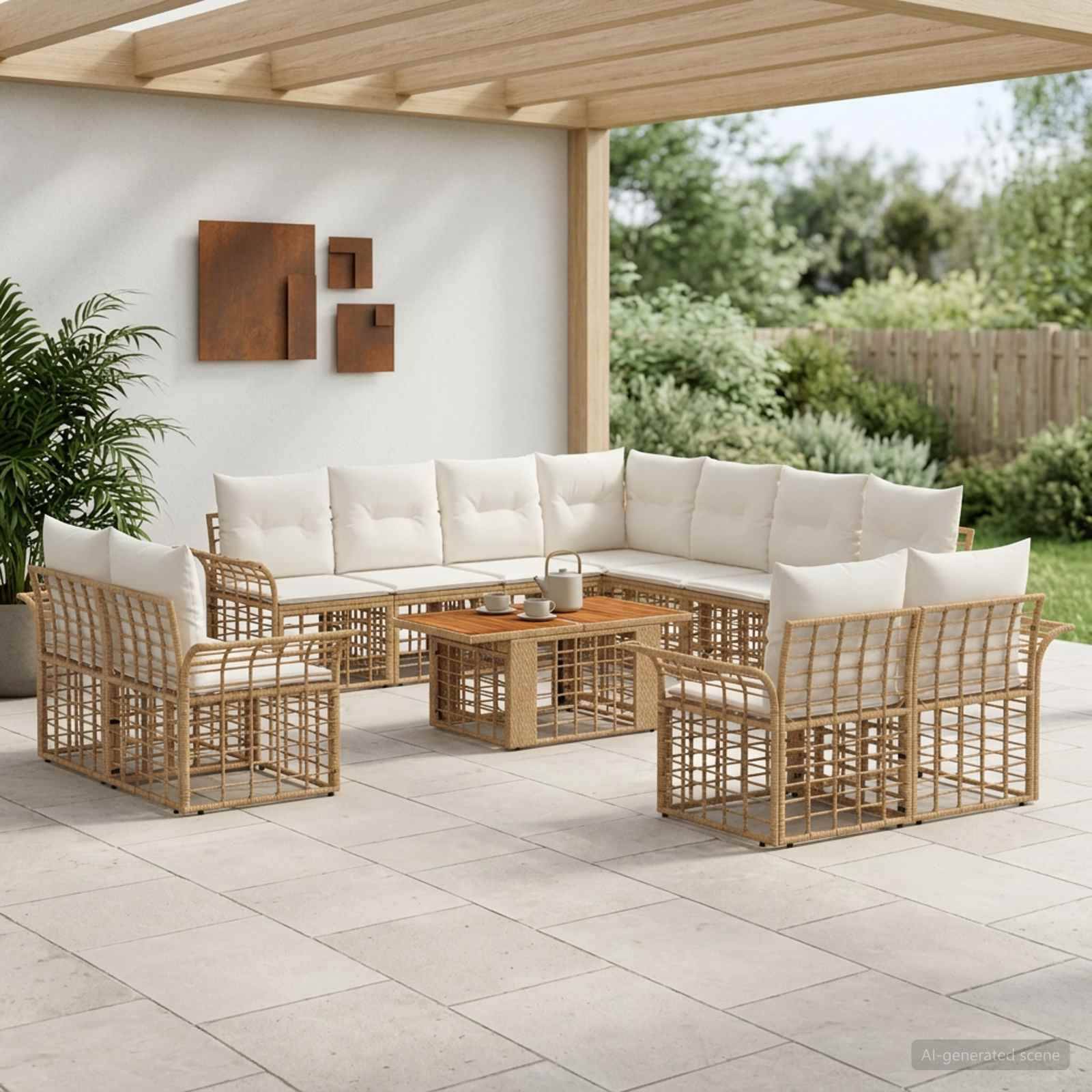 Gartenmöbelset für die Terrasse mit geflechtgerahmtem Ecksofa, zwei Sesseln, weißen Polstern und einem niedrigen Couchtisch unter einer überdachten Pergola.