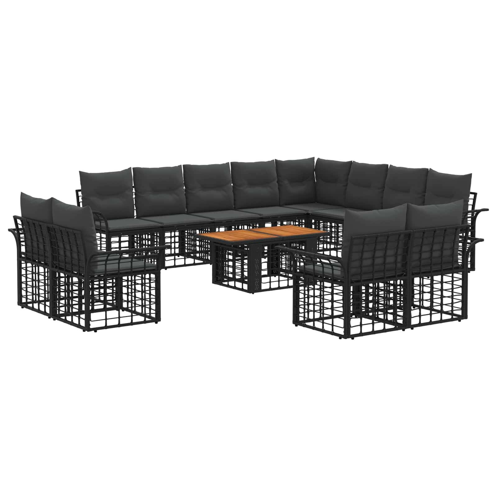 U-förmiges Outdoor-Sectional-Sofaset mit schwarzen Kissen, einem kleinen Couchtisch mit Holzplatte und passenden Sesseln auf weißem Hintergrund.