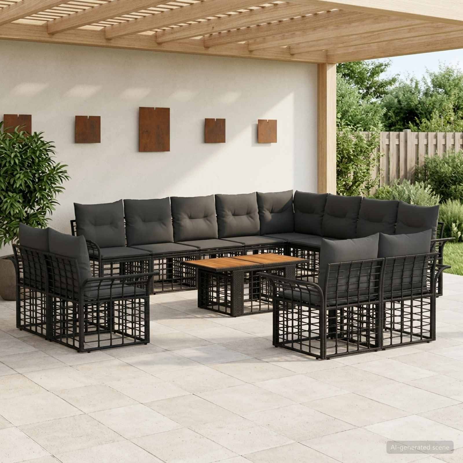 Gartenmöbel-Set für die Terrasse mit dunkelgrauem Ecksofa, zwei Sesseln und Couchtisch unter einer Holzpergola.