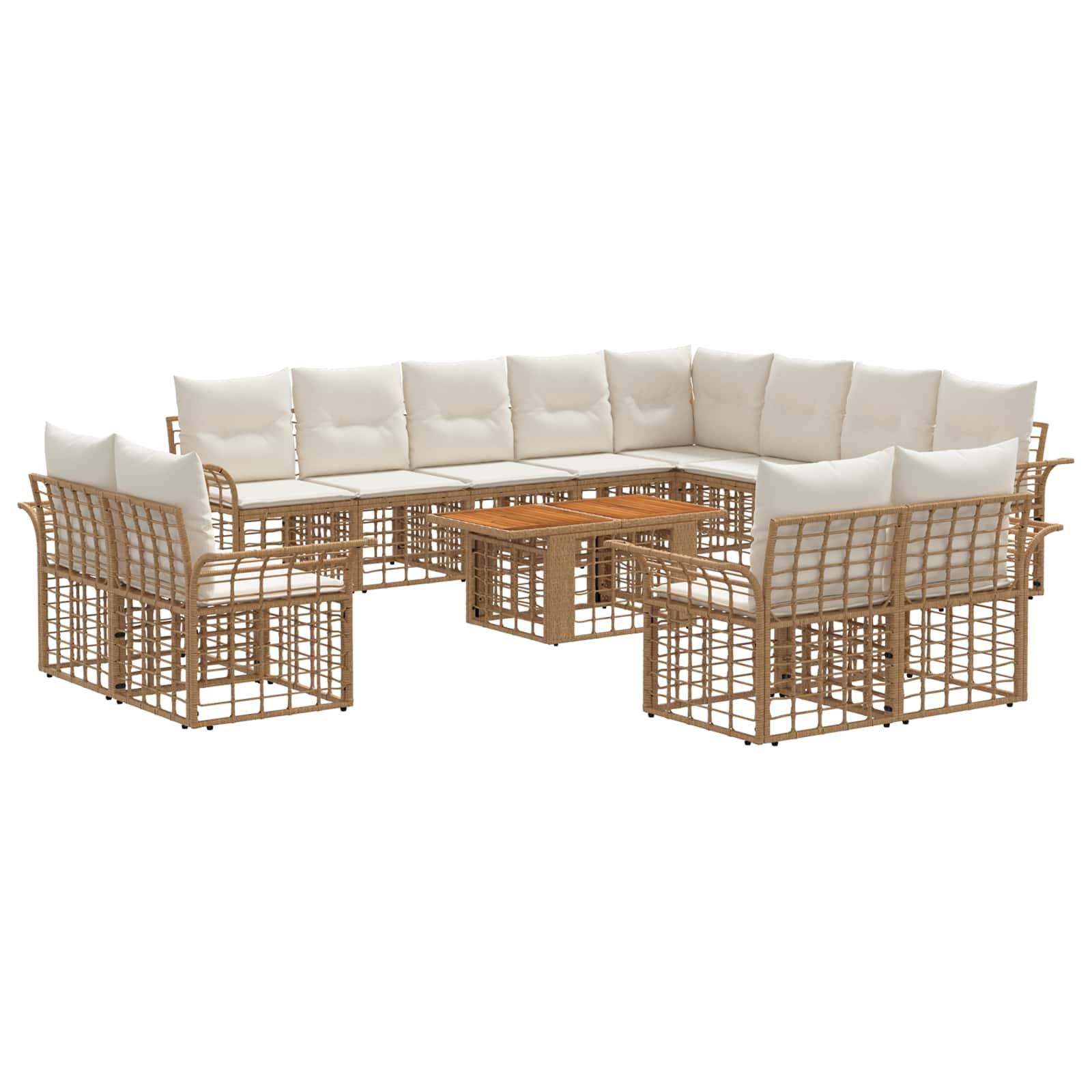 Modulares Gartenmöbel-Set aus Polyrattan mit beigen Kissen und einem kleinen rechteckigen Couchtisch auf weißem Hintergrund.