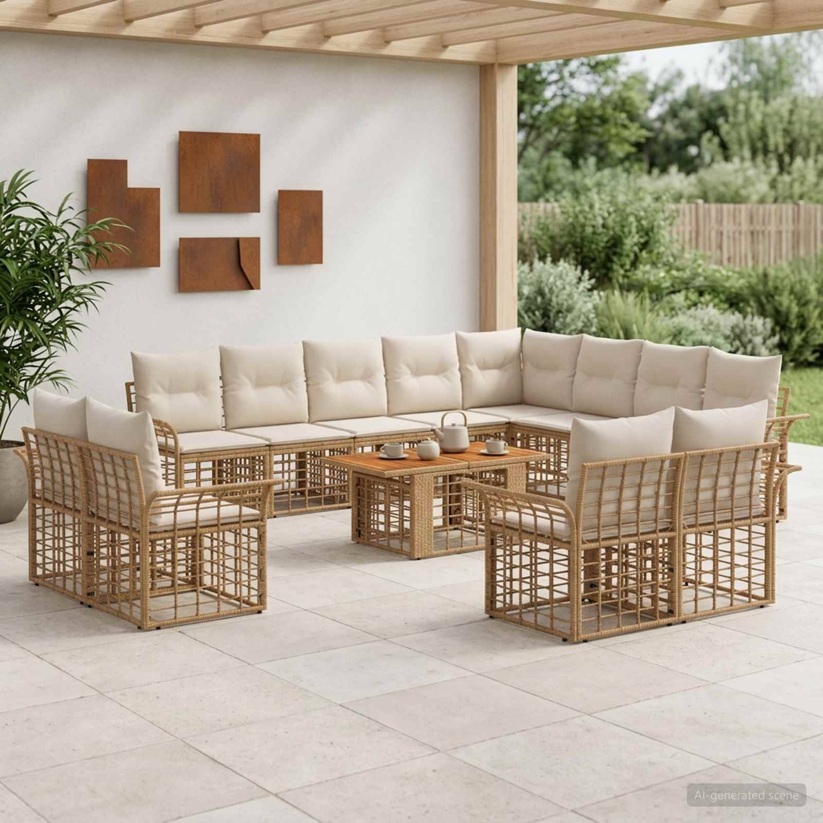 Außensitzgarnitur mit beigefarbenen gepolsterten Ecksofa und geflochtenen Rattansessel rund um einen Holzkaffeetisch unter einer Pergola.