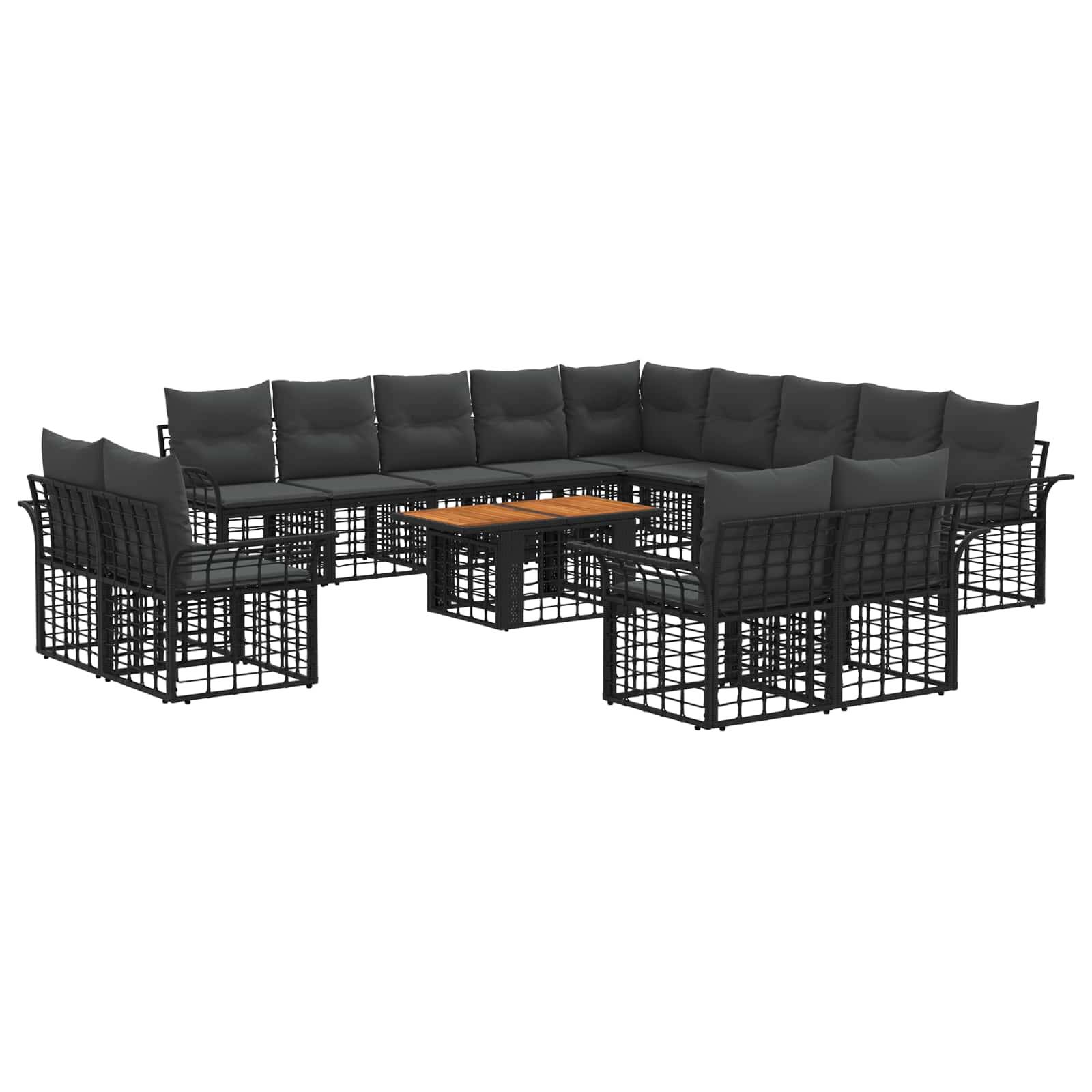 Schwarzes geflochtenes Outdoor-Ecksofa-Set mit grauen Kissen und einem kleinen Holz-Couchtisch auf weißem Hintergrund.