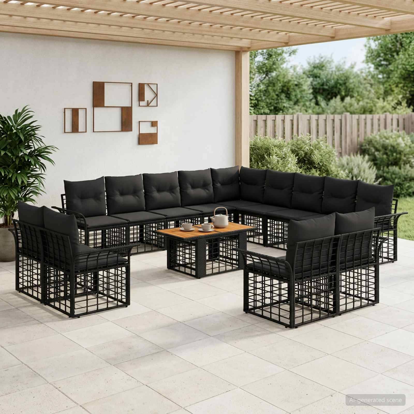 Gartenmöbel-Set für die Terrasse mit schwarzen gepolsterten Ecksofa-Modulen, zwei Sesseln und einem Couchtisch unter einer hölzernen Pergola.