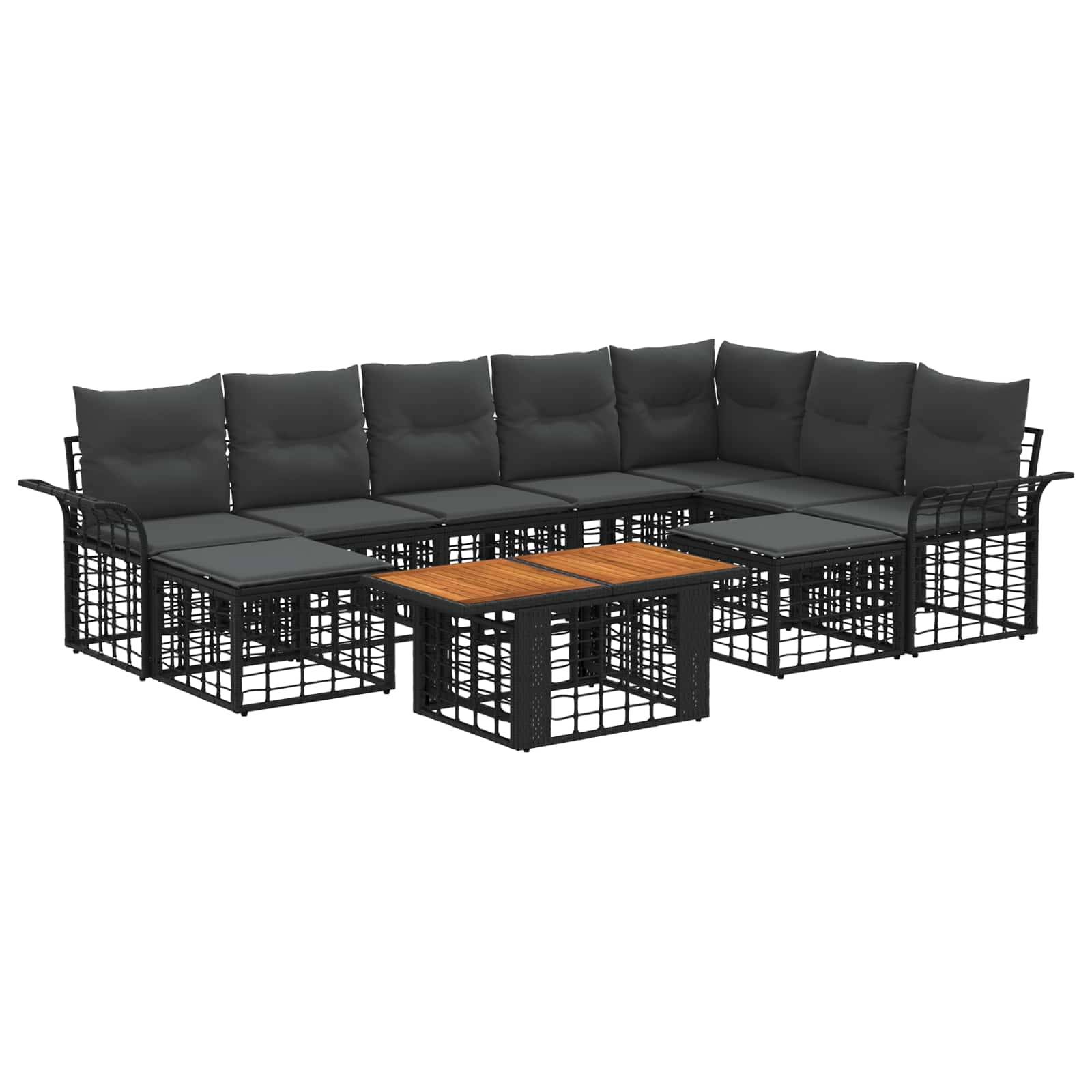 Schwarzes Gartensektionalsofa mit gepolsterten Sitzen und einem Couchtisch aus Holzlamellen, auf weißem Hintergrund dargestellt.