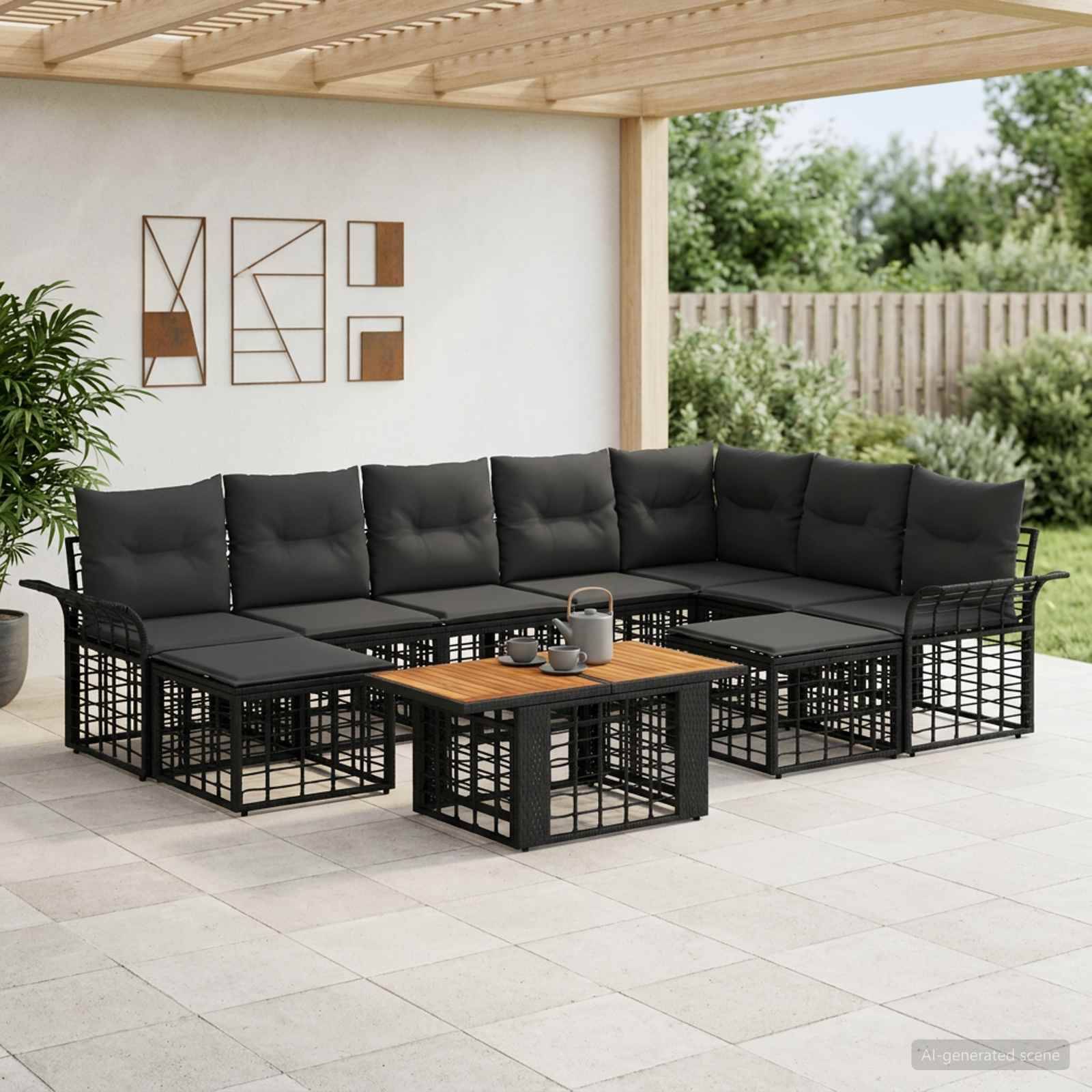 Outdoor L-förmiges Ecksofa mit schwarzen Kissen und passenden Tischen auf einer Terrasse unter einer Pergola.