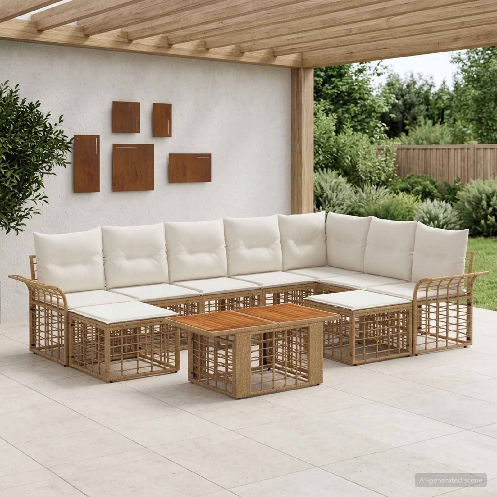 Outdoor-Terrassensitzgruppe mit beigefarbener gepolsterter Eckbank, geflochtenem Rattanrahmen und passendem Couchtisch unter einer Holzpergola.
