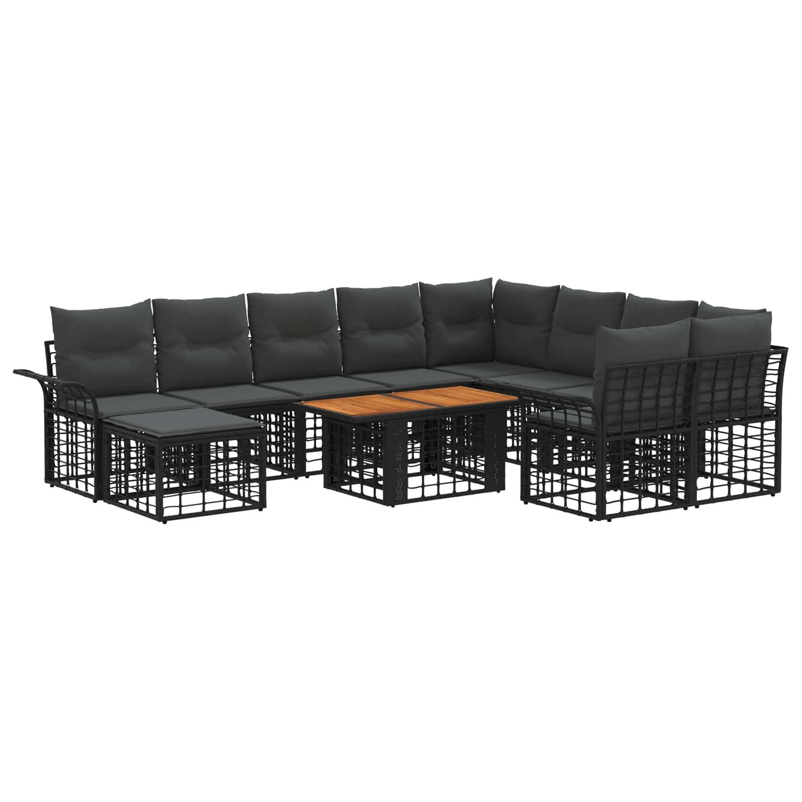 Schwarze Outdoor-Ecksofa-Set mit gepolsterten Sitzen und einem Couchtisch mit Holzplatte, vor weißem Hintergrund dargestellt.