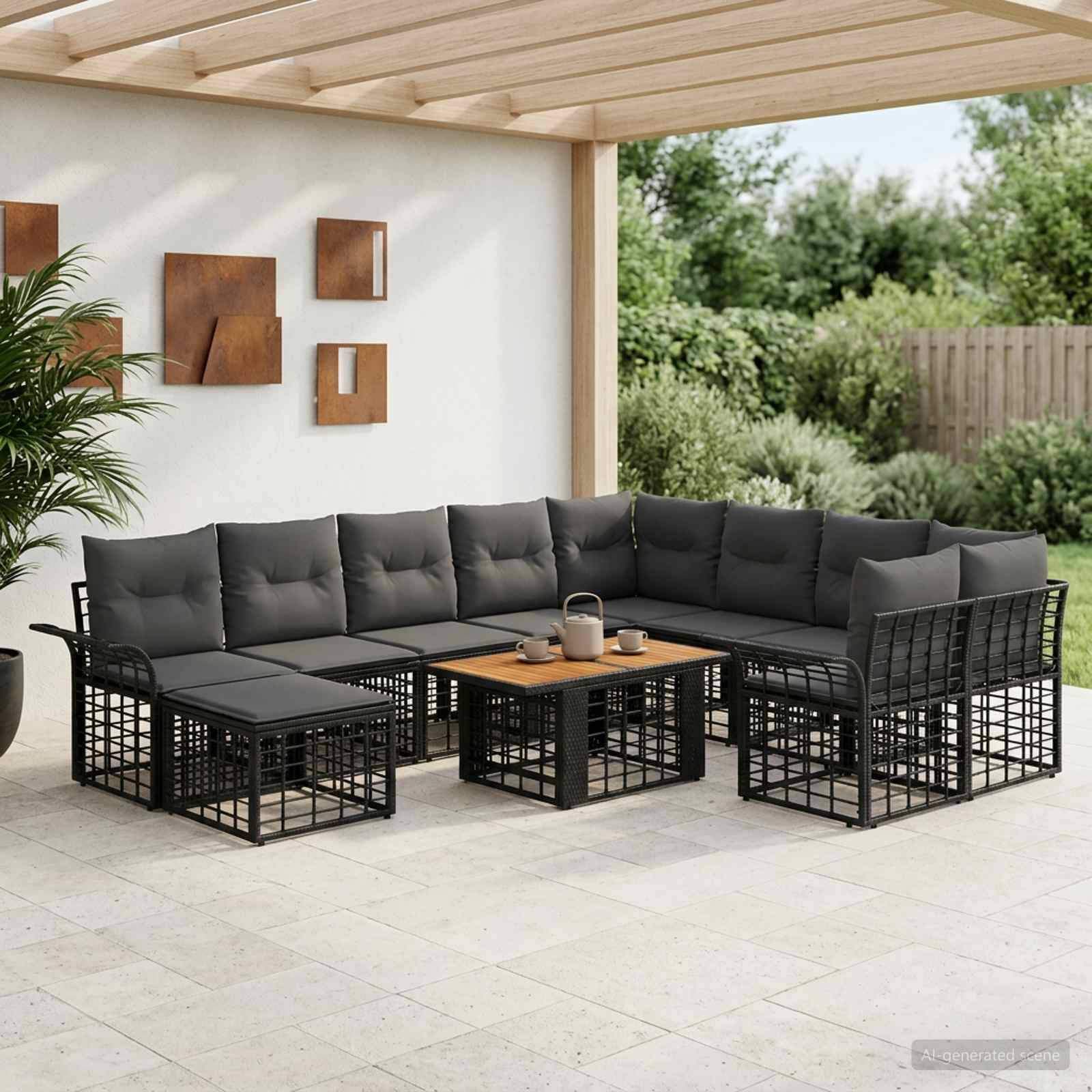 Outdoor L-förmiges Ecksofa-Set mit dunklen Kissen und Mesh-Rahmen um einen Couchtisch auf einer überdachten Terrasse mit Gartenhintergrund.