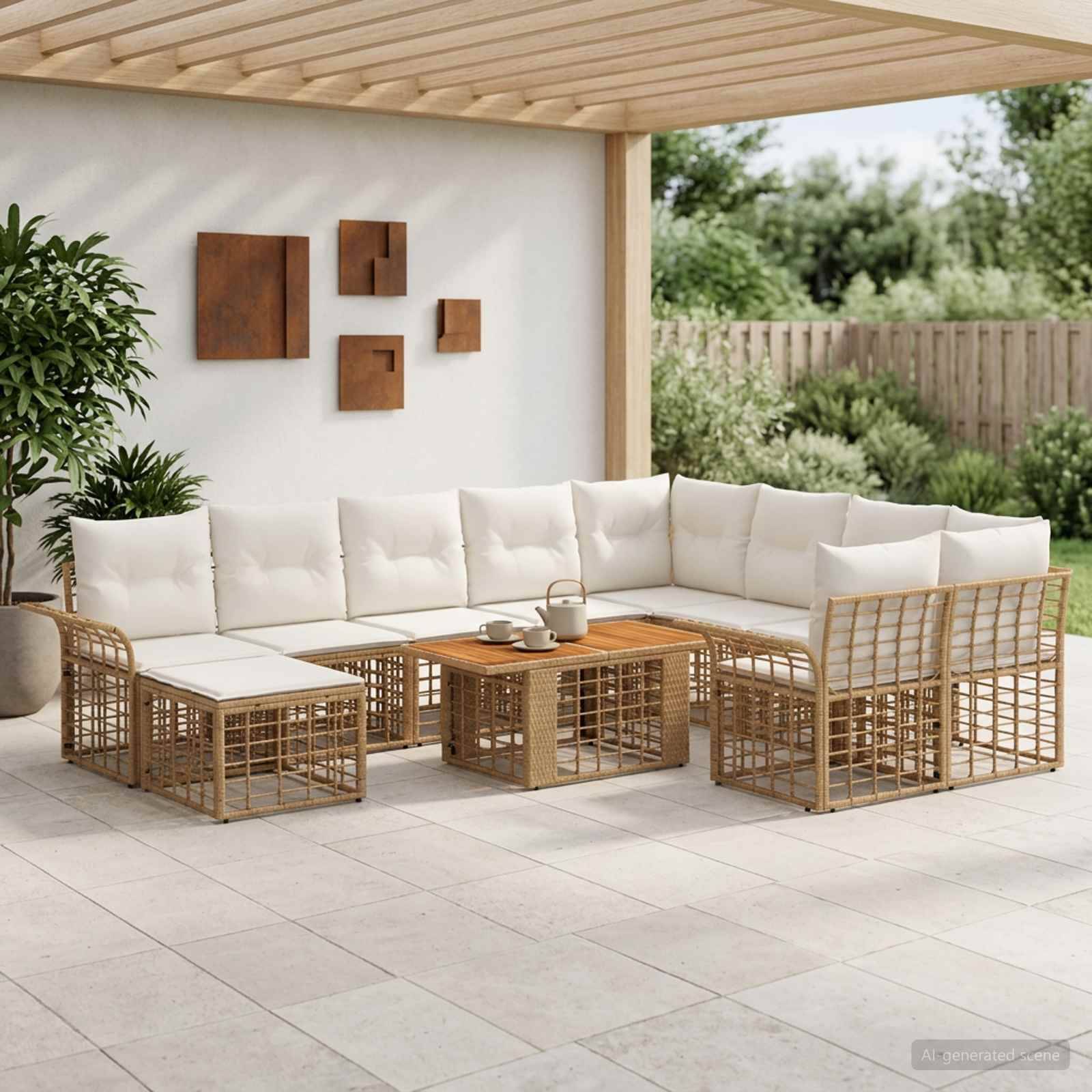 Außenpatio mit weißem gepolstertem Korbsektional, passendem Tisch und Stühlen unter einer Holzpergola neben einem Gartenzaun.