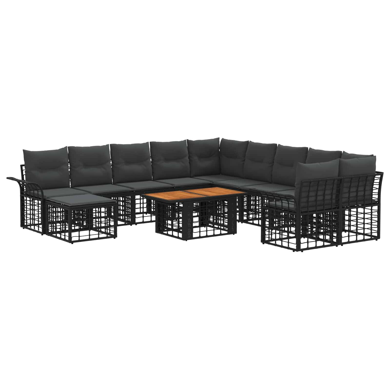 Schwarzes modulares Outdoor-Ecksofa mit Kissen und zwei passenden Couchtischen auf weißem Hintergrund.