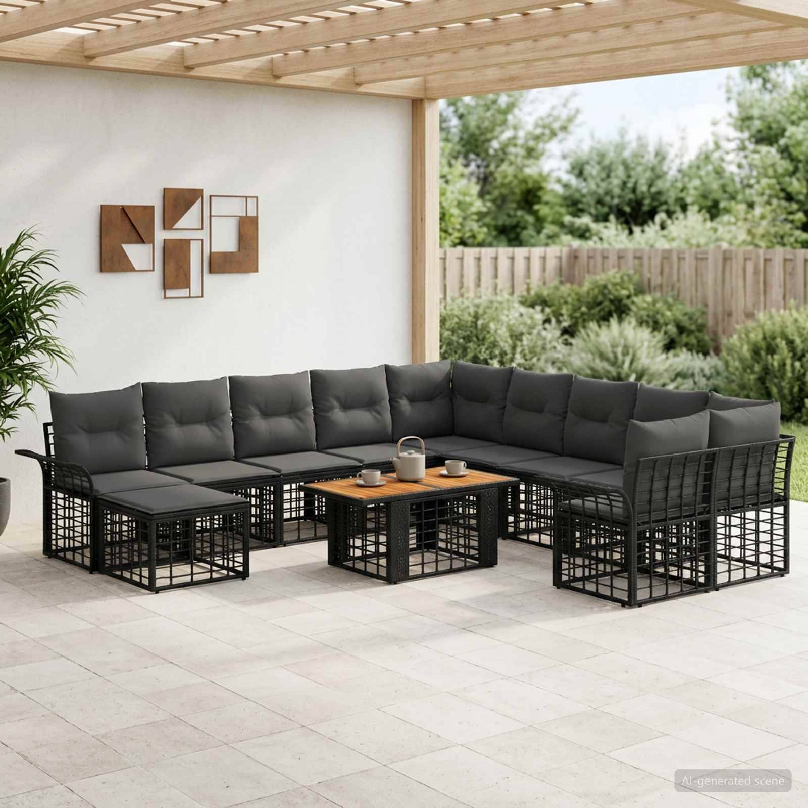 Terrasse im Freien mit einem L-förmigen schwarzen gepolsterten Ecksofa und passenden Couchtischen unter einer Holzpergola neben einem Garten.