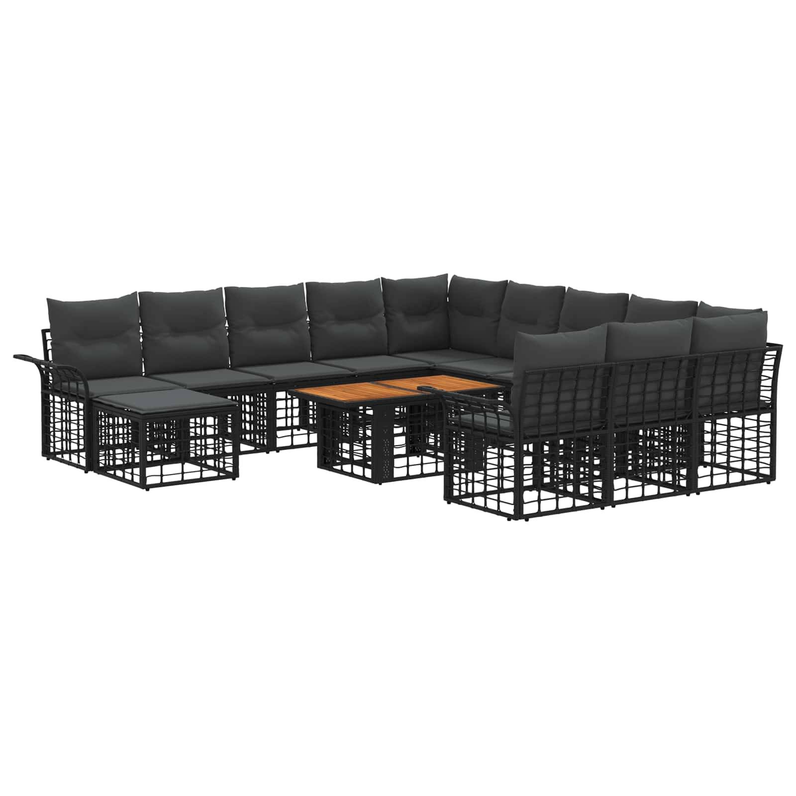 Modernes schwarzes Outdoor-Sofa-Set mit Metallgitterrahmen, dunklen Kissen und einem passenden Holz-Couchtisch.
